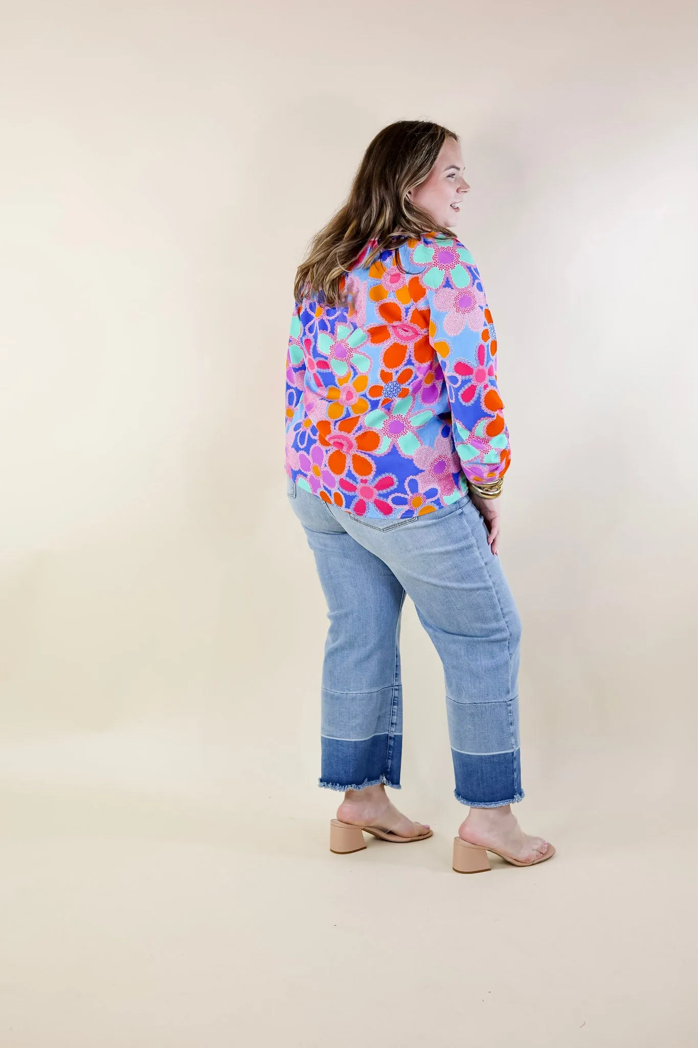 Seriously Sweet Floral Print Top with Notched Neckline in Blue