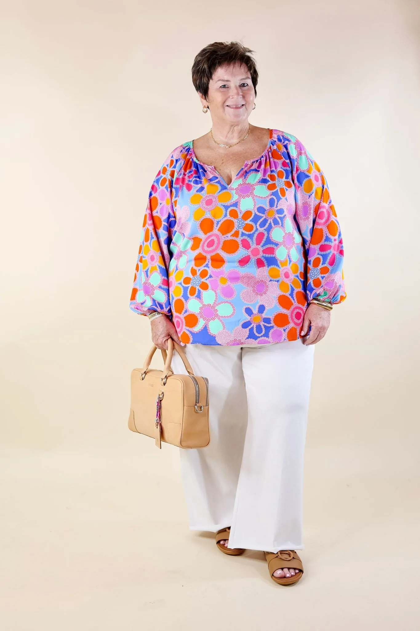 Seriously Sweet Floral Print Top with Notched Neckline in Blue