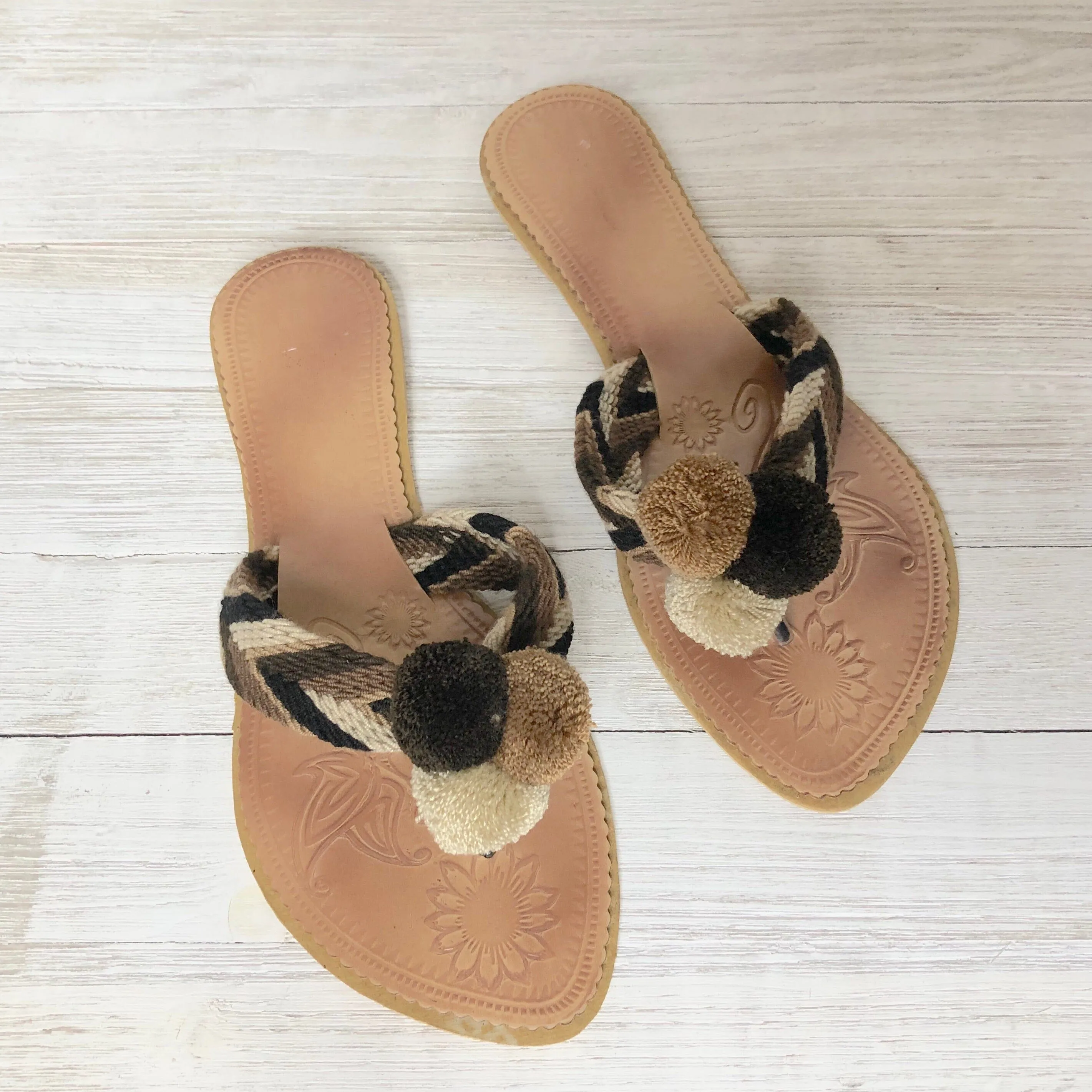 Shades of Brown Pom Pom Sandals - Summer Flip Flops SWP015