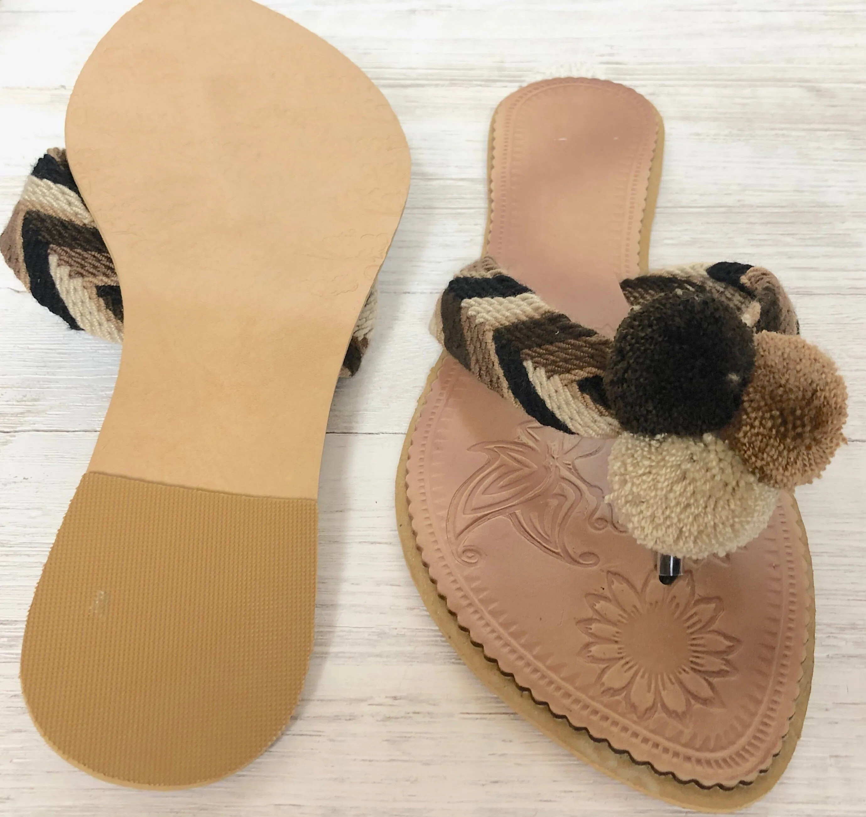 Shades of Brown Pom Pom Sandals - Summer Flip Flops SWP015