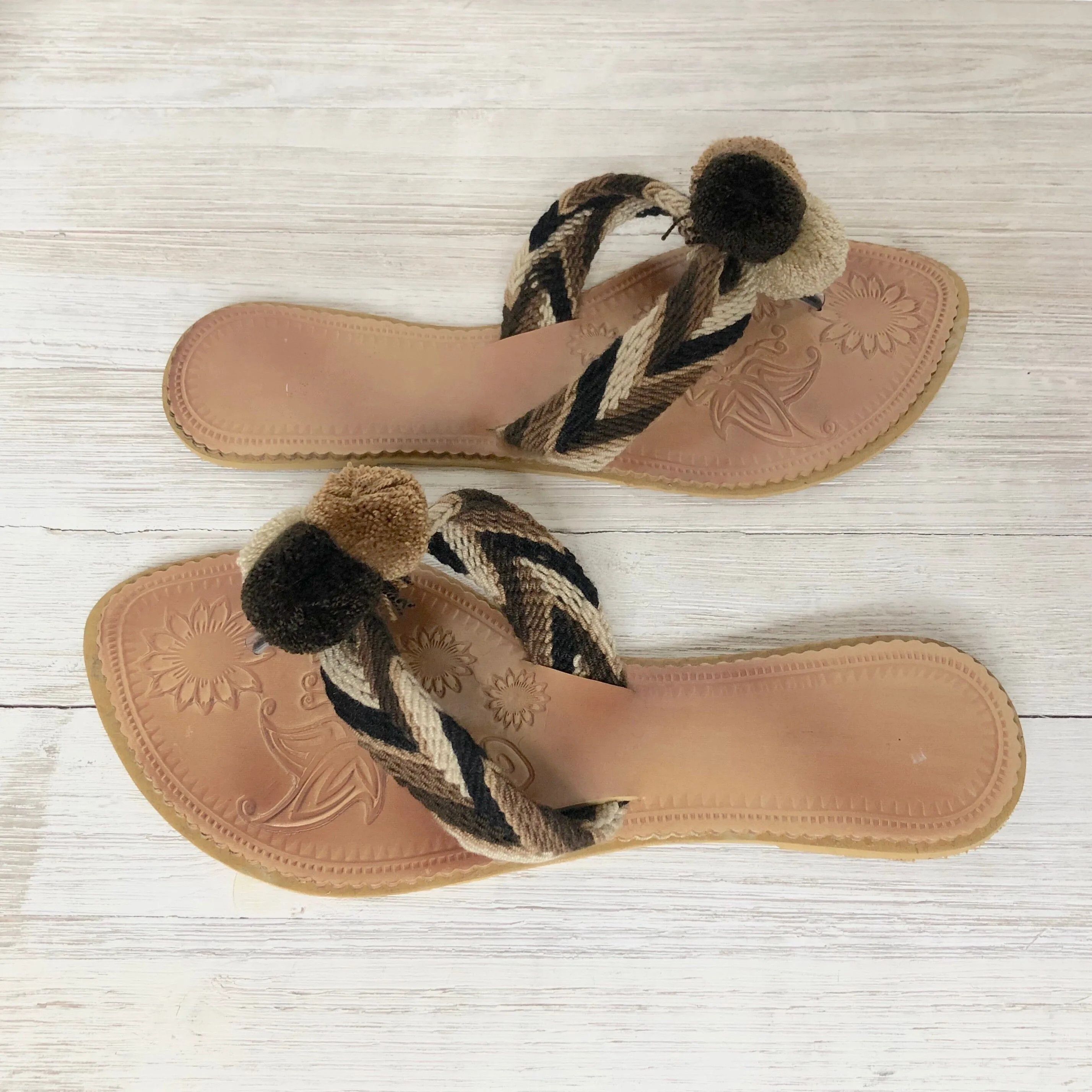 Shades of Brown Pom Pom Sandals - Summer Flip Flops SWP015