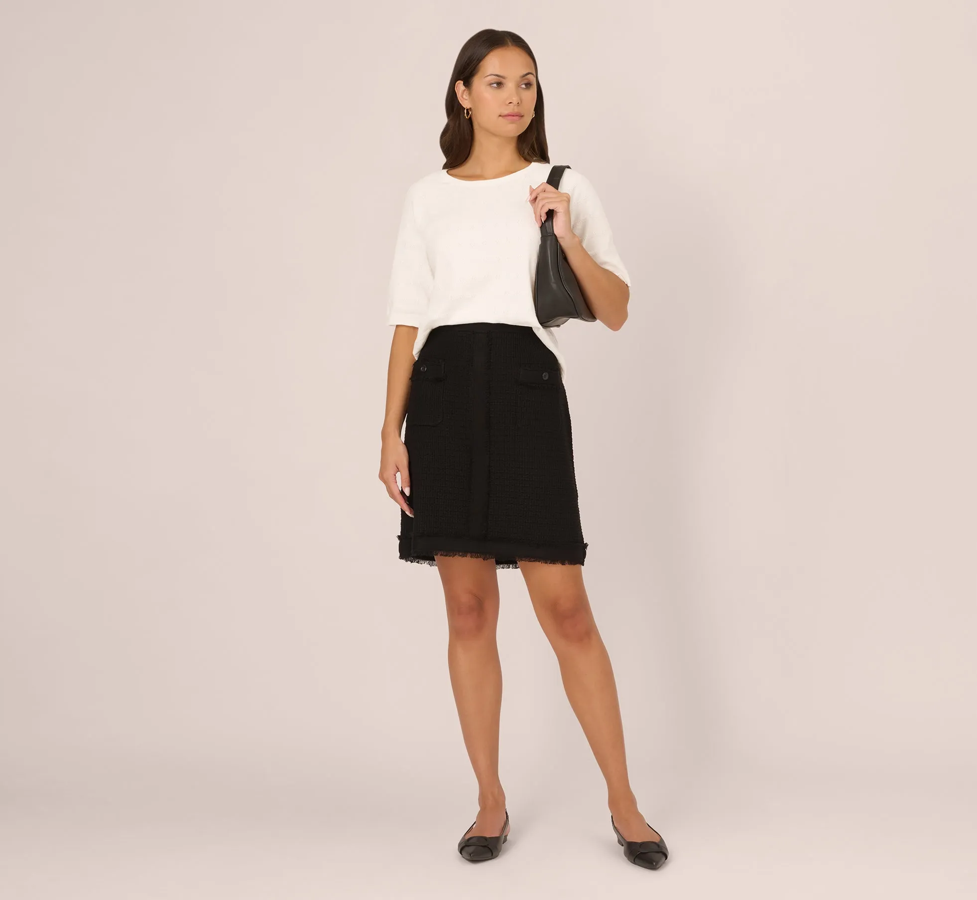 Short Sleeve Pointelle Sweater With Crew Neckline In Ivory