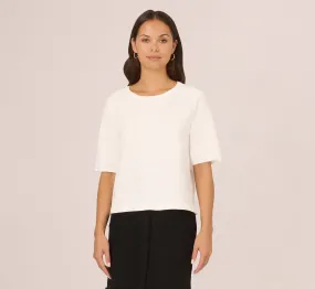 Short Sleeve Pointelle Sweater With Crew Neckline In Ivory