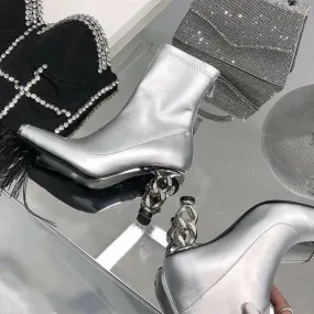 Silver Versatile Womens Boots with Unique Metal Heel and Square Toe