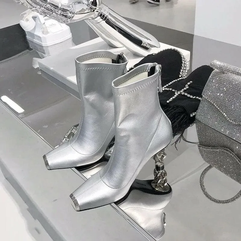 Silver Versatile Womens Boots with Unique Metal Heel and Square Toe