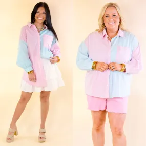 Simply Polished Pin Stripe Long Sleeve Button Up Top in Blue and Pink