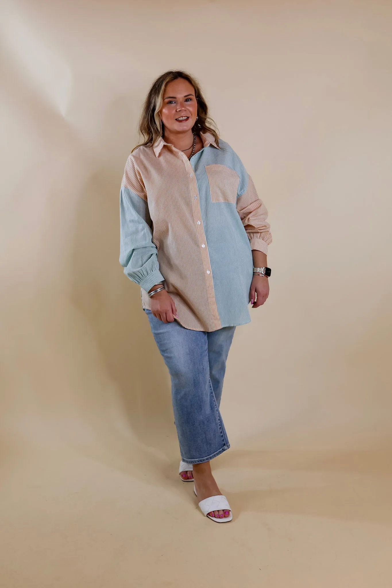 Simply Polished Pin Stripe Long Sleeve Button Up Top in Sage Green and Mustard Yellow