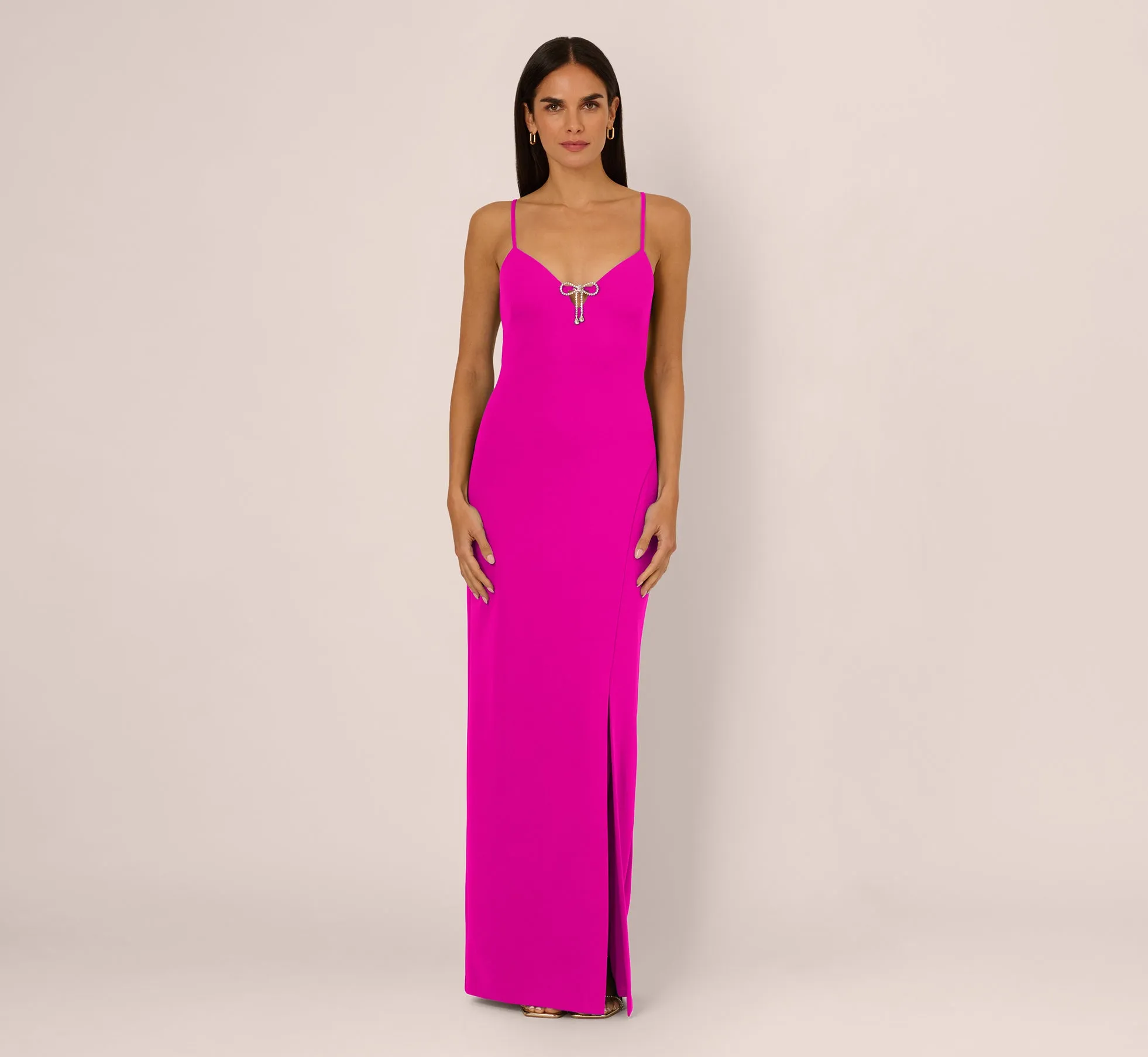 Sleeveless Knit Crepe Rhinestone Bow Column Gown In Pink Flame