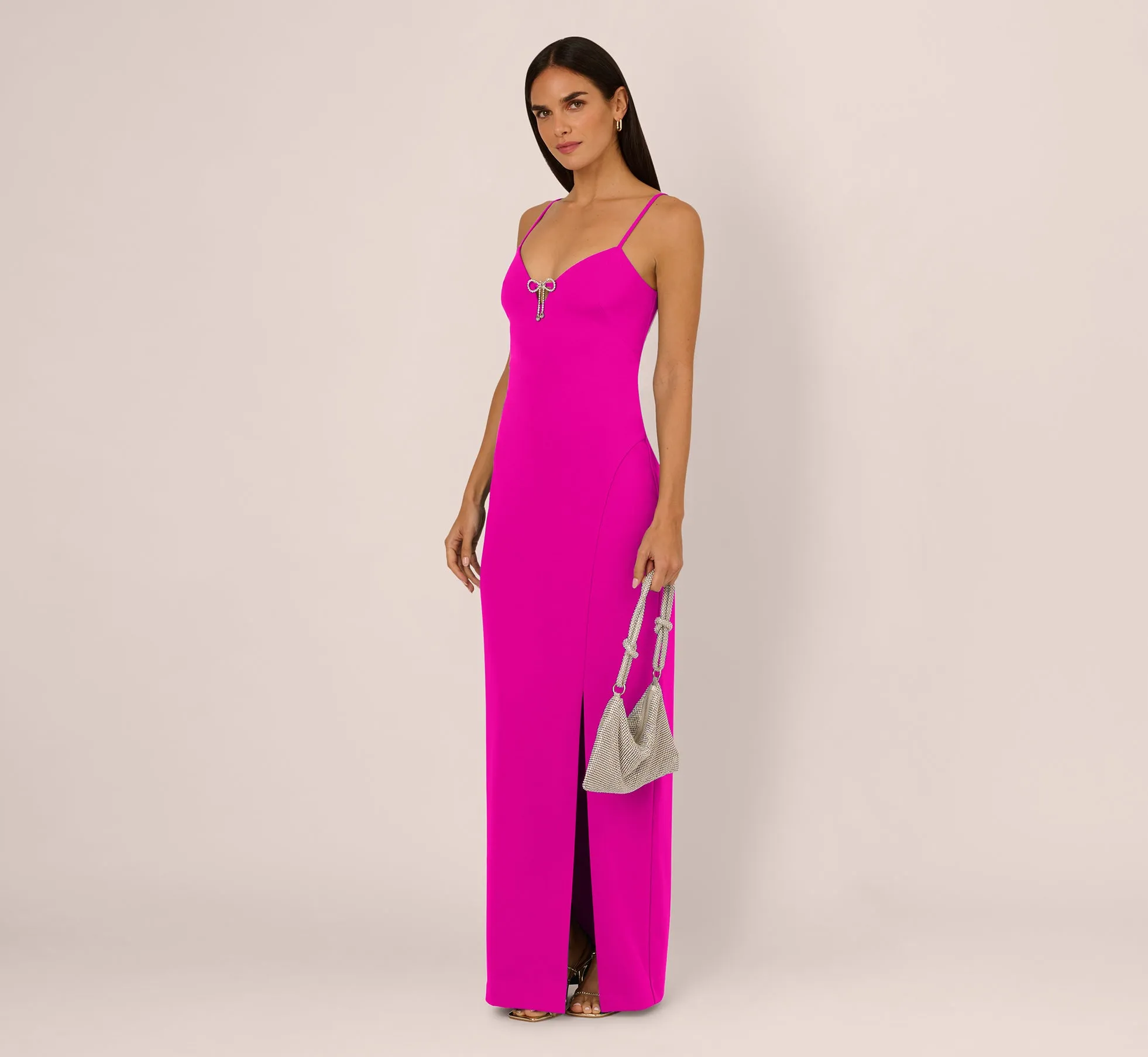 Sleeveless Knit Crepe Rhinestone Bow Column Gown In Pink Flame