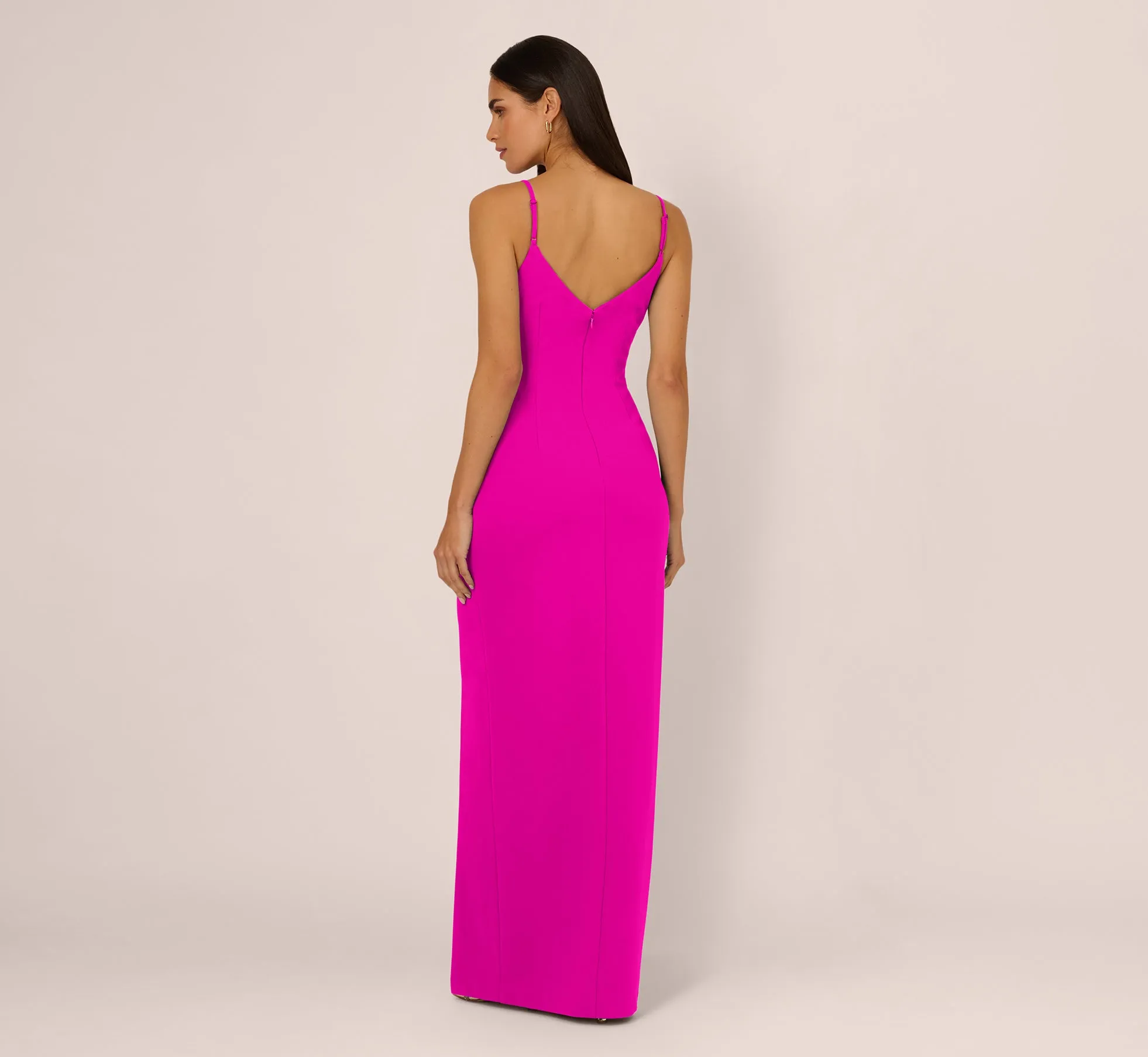 Sleeveless Knit Crepe Rhinestone Bow Column Gown In Pink Flame