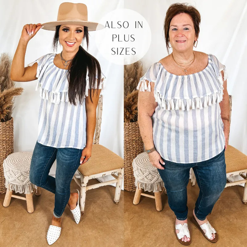 SoCal Sun Striped Off the Shoulder Top with Tassels in Ivory and Blue