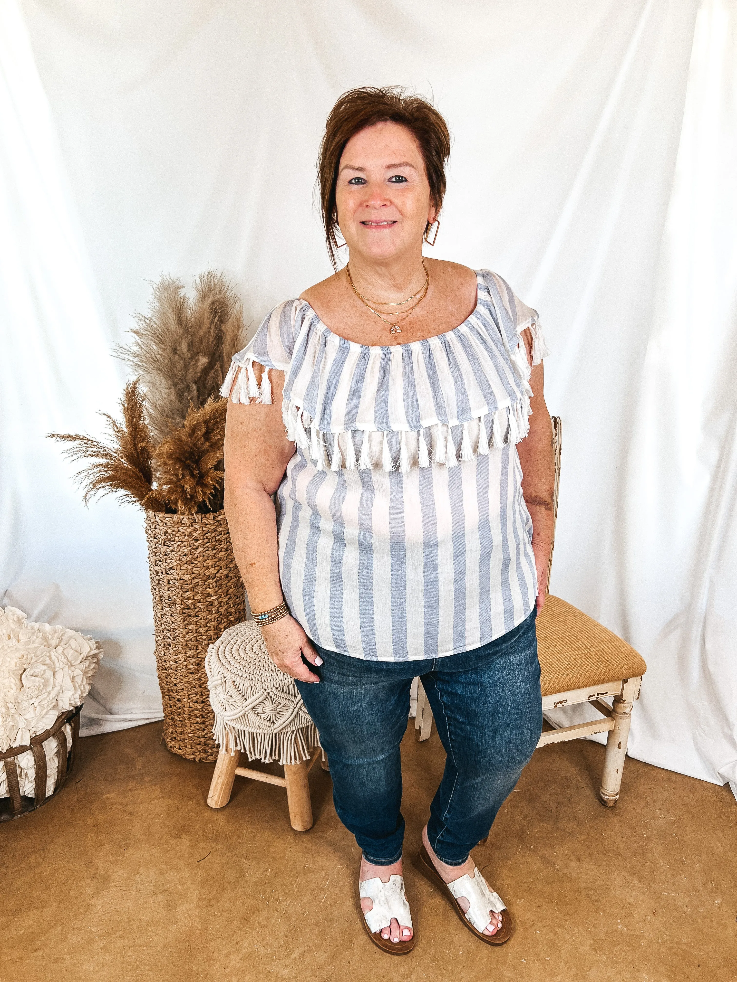 SoCal Sun Striped Off the Shoulder Top with Tassels in Ivory and Blue