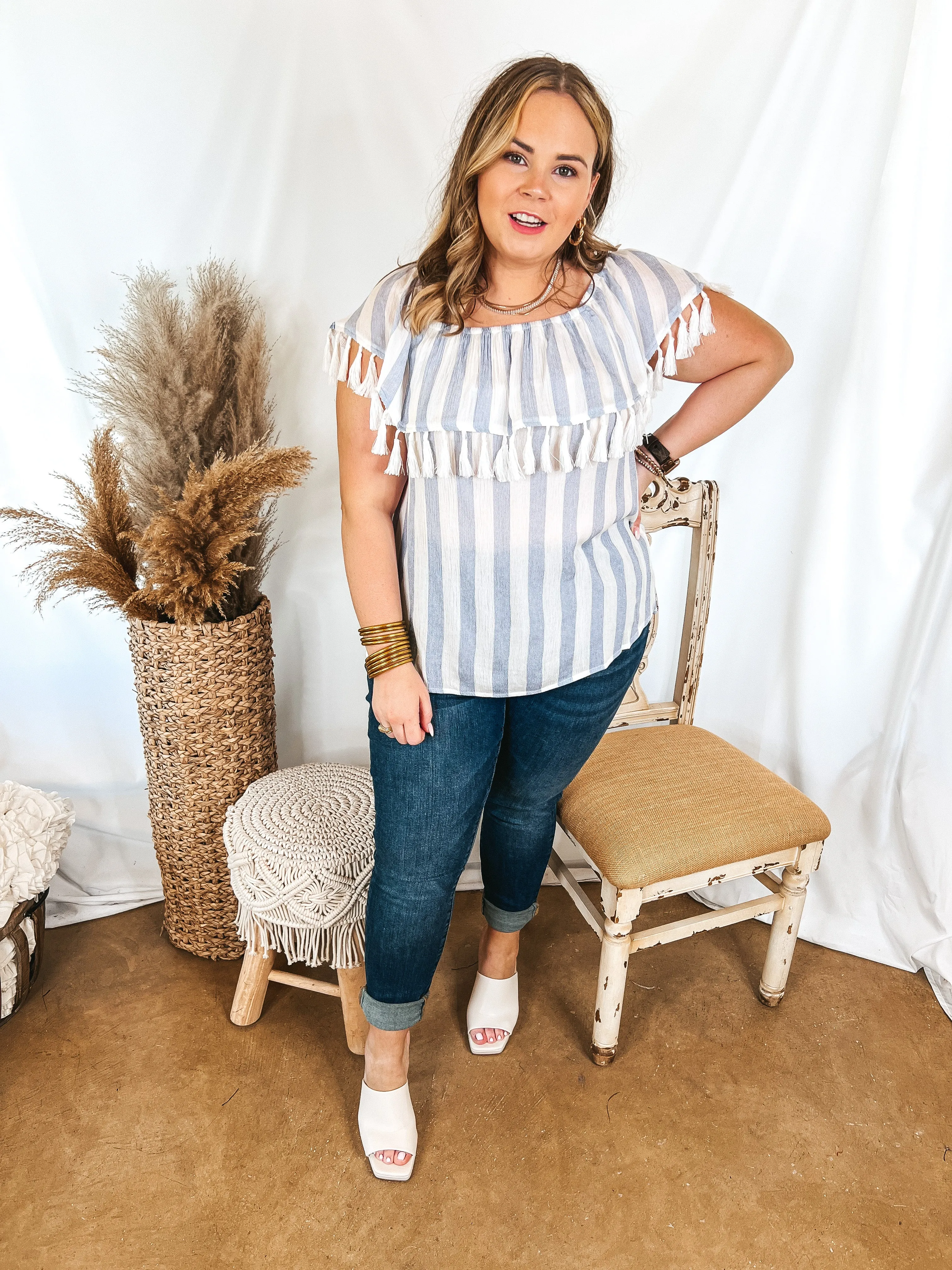 SoCal Sun Striped Off the Shoulder Top with Tassels in Ivory and Blue