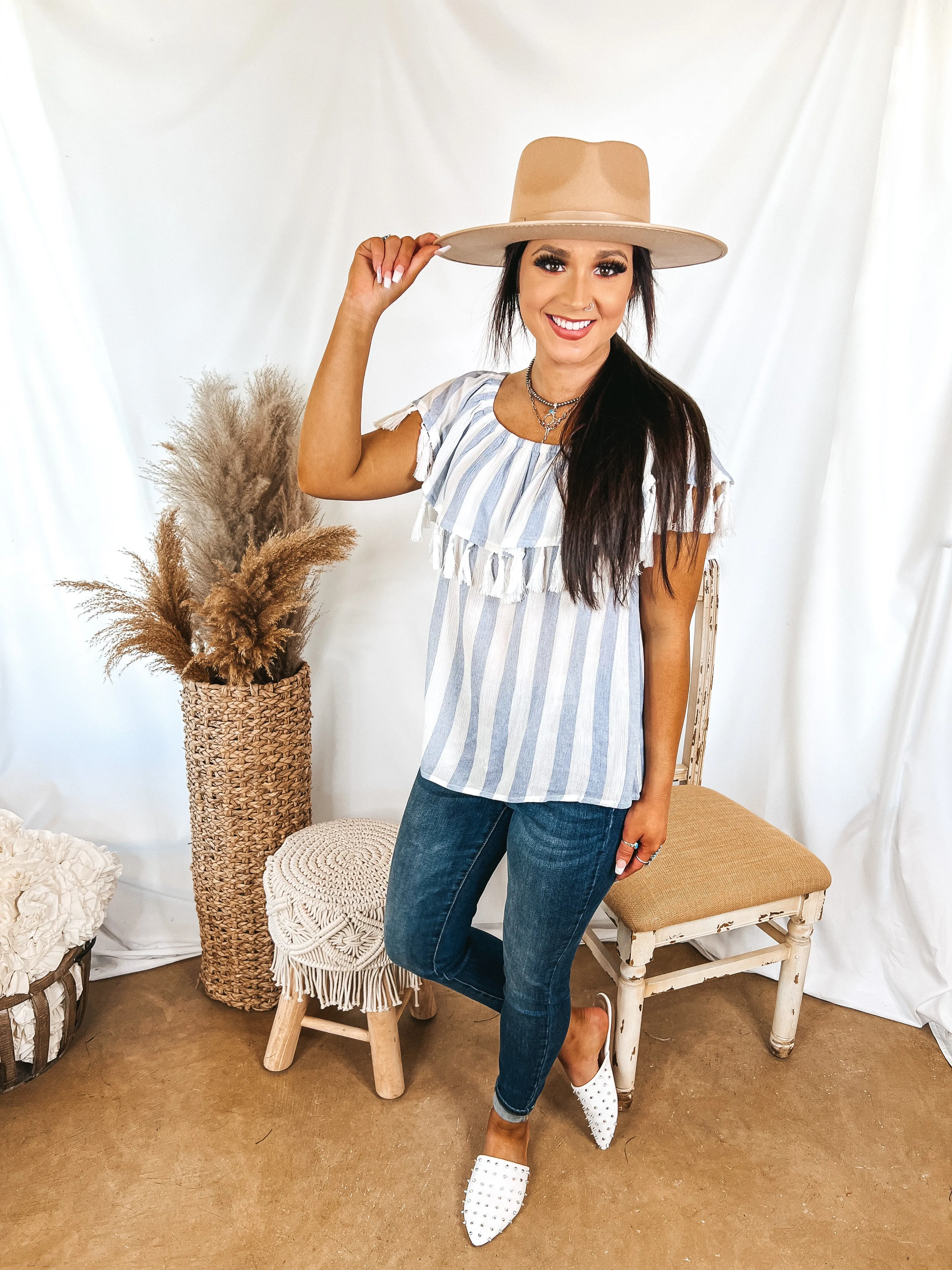 SoCal Sun Striped Off the Shoulder Top with Tassels in Ivory and Blue