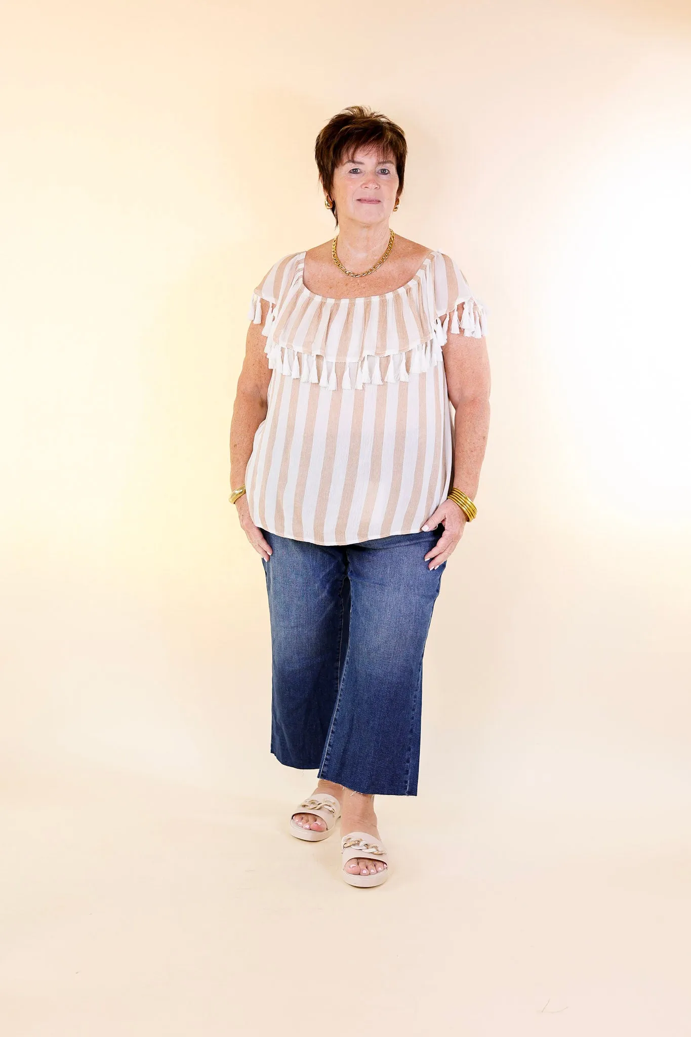 SoCal Sun Striped Off the Shoulder Top with Tassels in Ivory and Sand