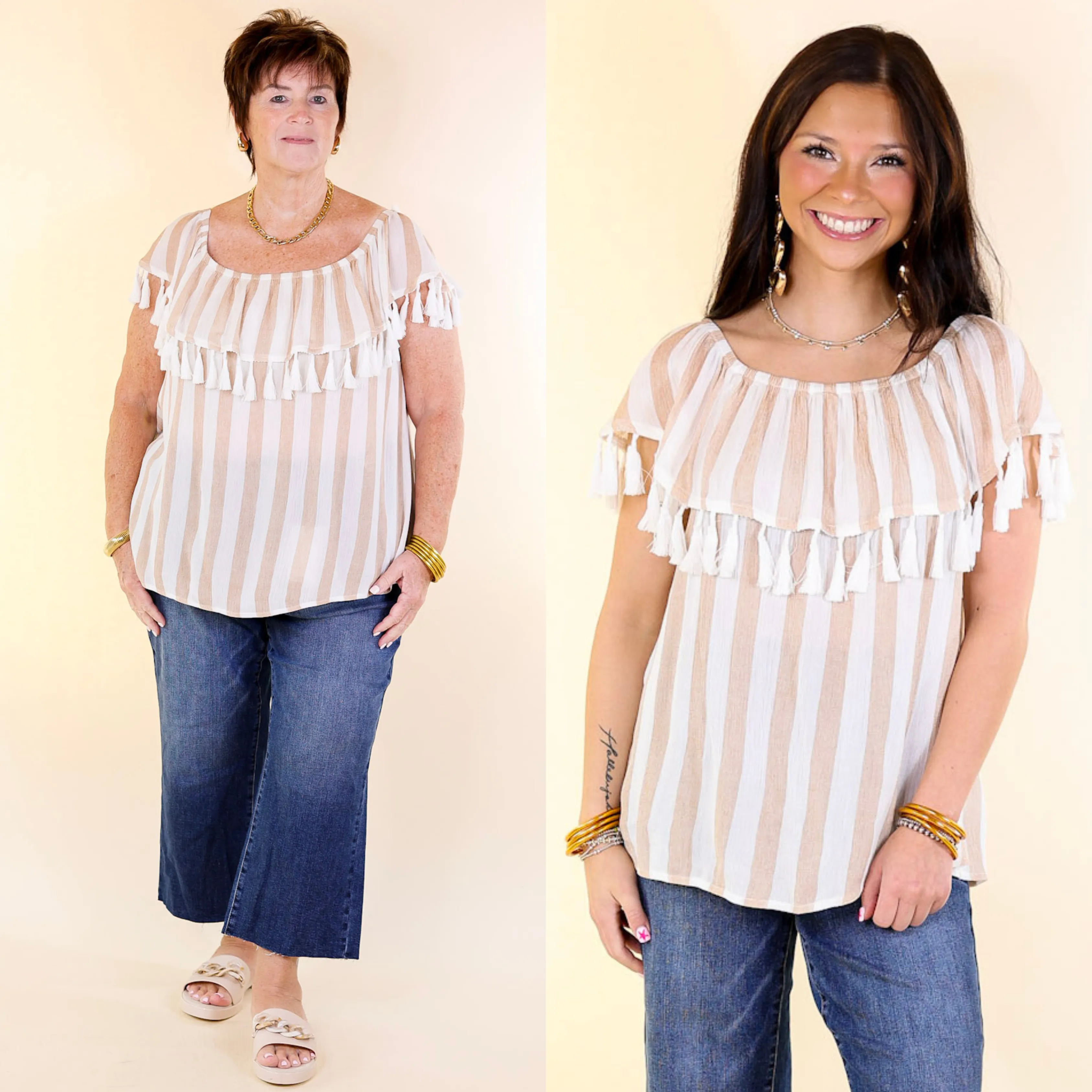 SoCal Sun Striped Off the Shoulder Top with Tassels in Ivory and Sand