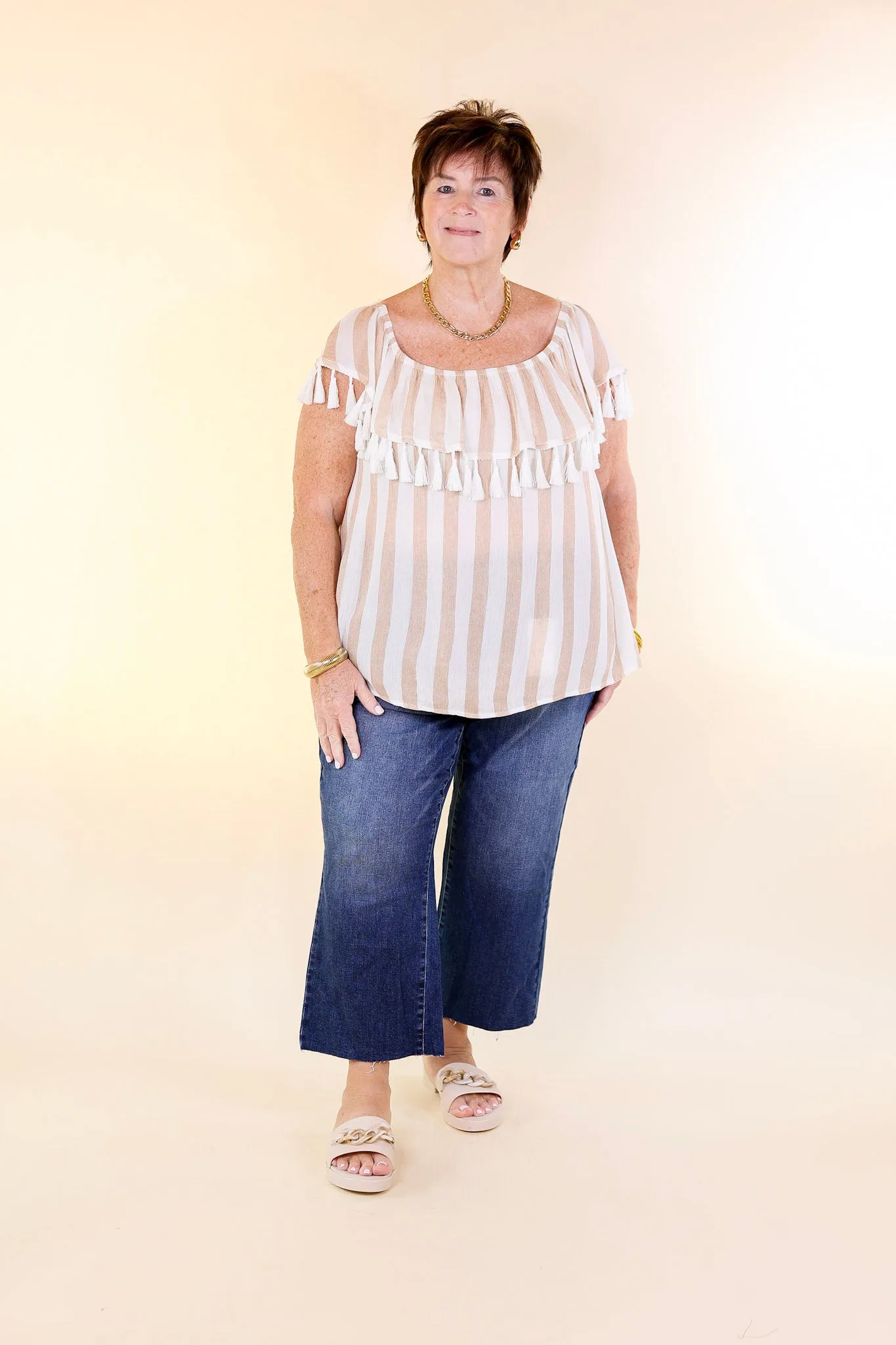 SoCal Sun Striped Off the Shoulder Top with Tassels in Ivory and Sand