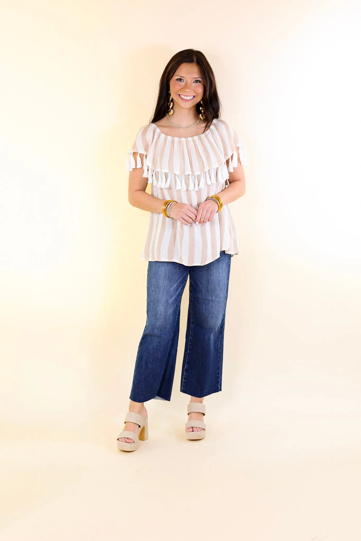 SoCal Sun Striped Off the Shoulder Top with Tassels in Ivory and Sand