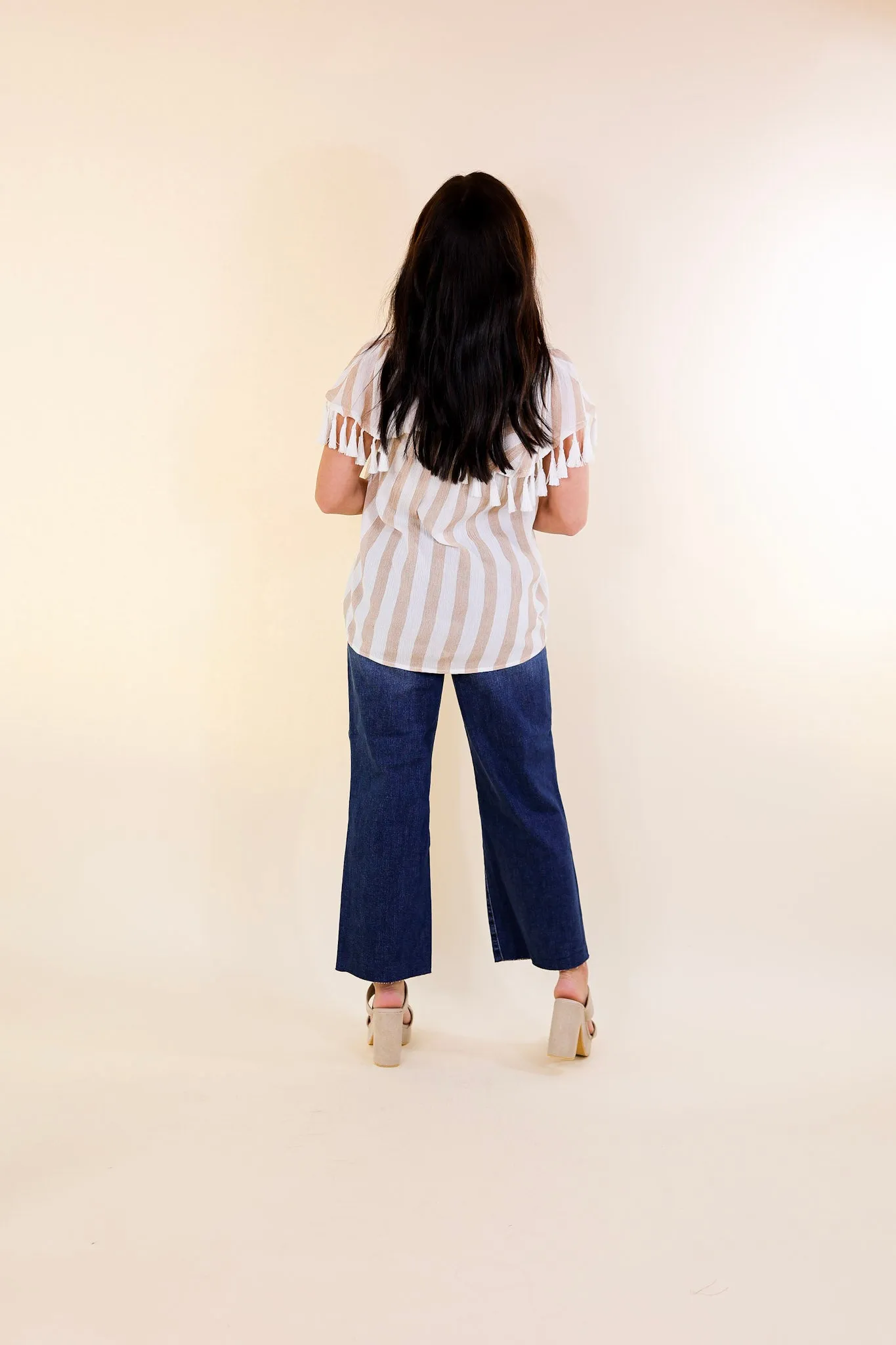 SoCal Sun Striped Off the Shoulder Top with Tassels in Ivory and Sand