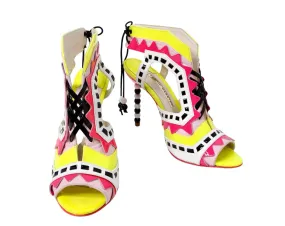 Sofia Webster Neon Multicolor Patent Leather Printed T-Strap Sandals