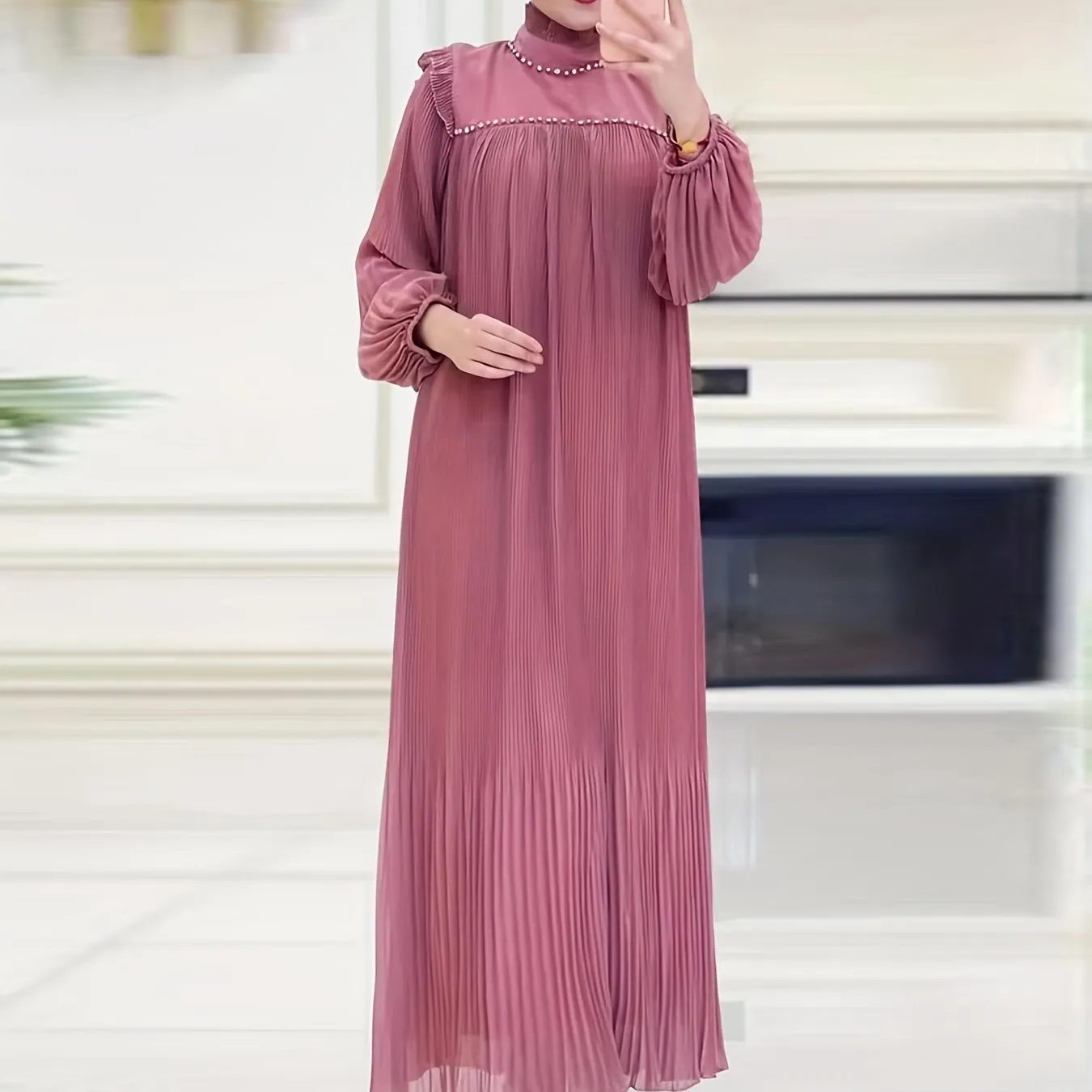 Sparkling Ramadan Elegance - Rhinestoned Pleated Mock Neck Maxi Dress with Adjustable Tie Waist and Lantern Sleeves - A Modest, Timeless Choice for Women