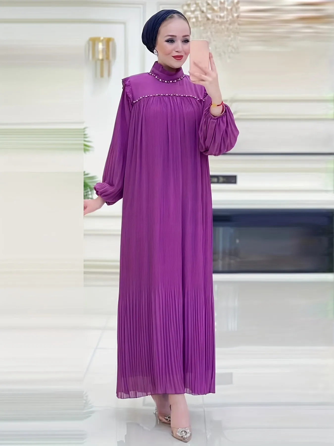 Sparkling Ramadan Elegance - Rhinestoned Pleated Mock Neck Maxi Dress with Adjustable Tie Waist and Lantern Sleeves - A Modest, Timeless Choice for Women