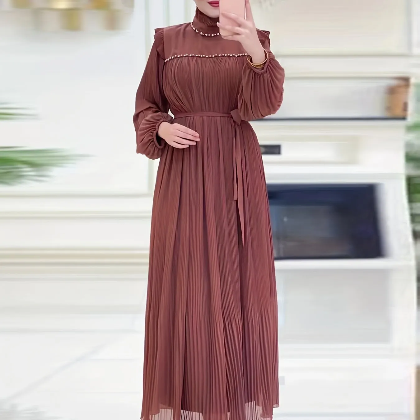 Sparkling Ramadan Elegance - Rhinestoned Pleated Mock Neck Maxi Dress with Adjustable Tie Waist and Lantern Sleeves - A Modest, Timeless Choice for Women