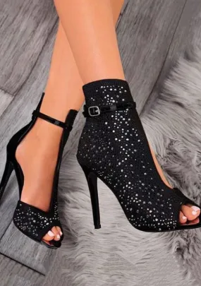 Sparkly Black Peep-toe Rhinestone High Heel Ankle Boots