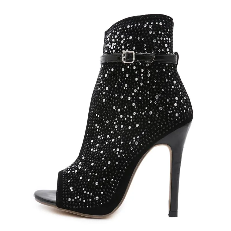 Sparkly Black Peep-toe Rhinestone High Heel Ankle Boots