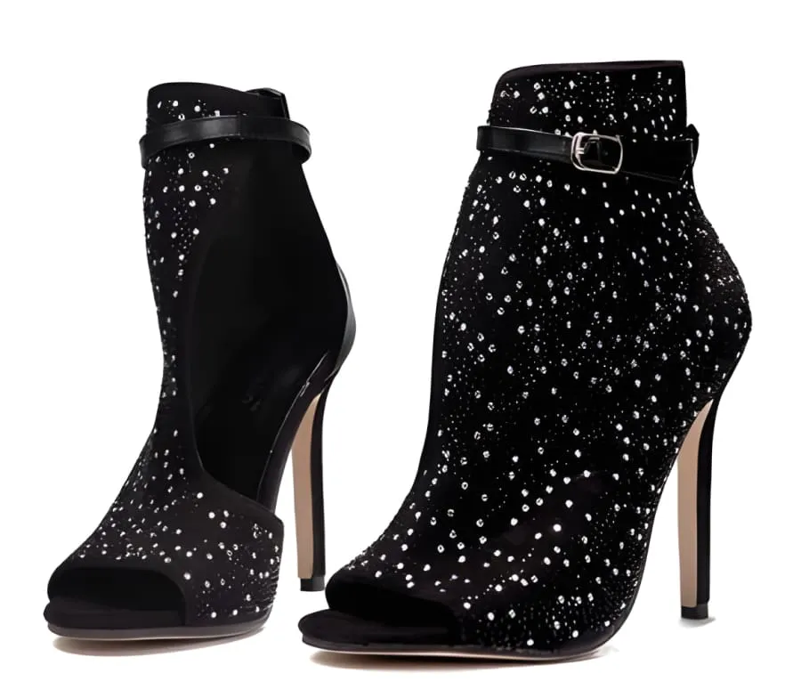 Sparkly Black Peep-toe Rhinestone High Heel Ankle Boots