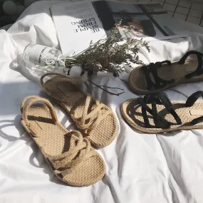 Straw Black Beige Summer Gladiator Flat Sandals