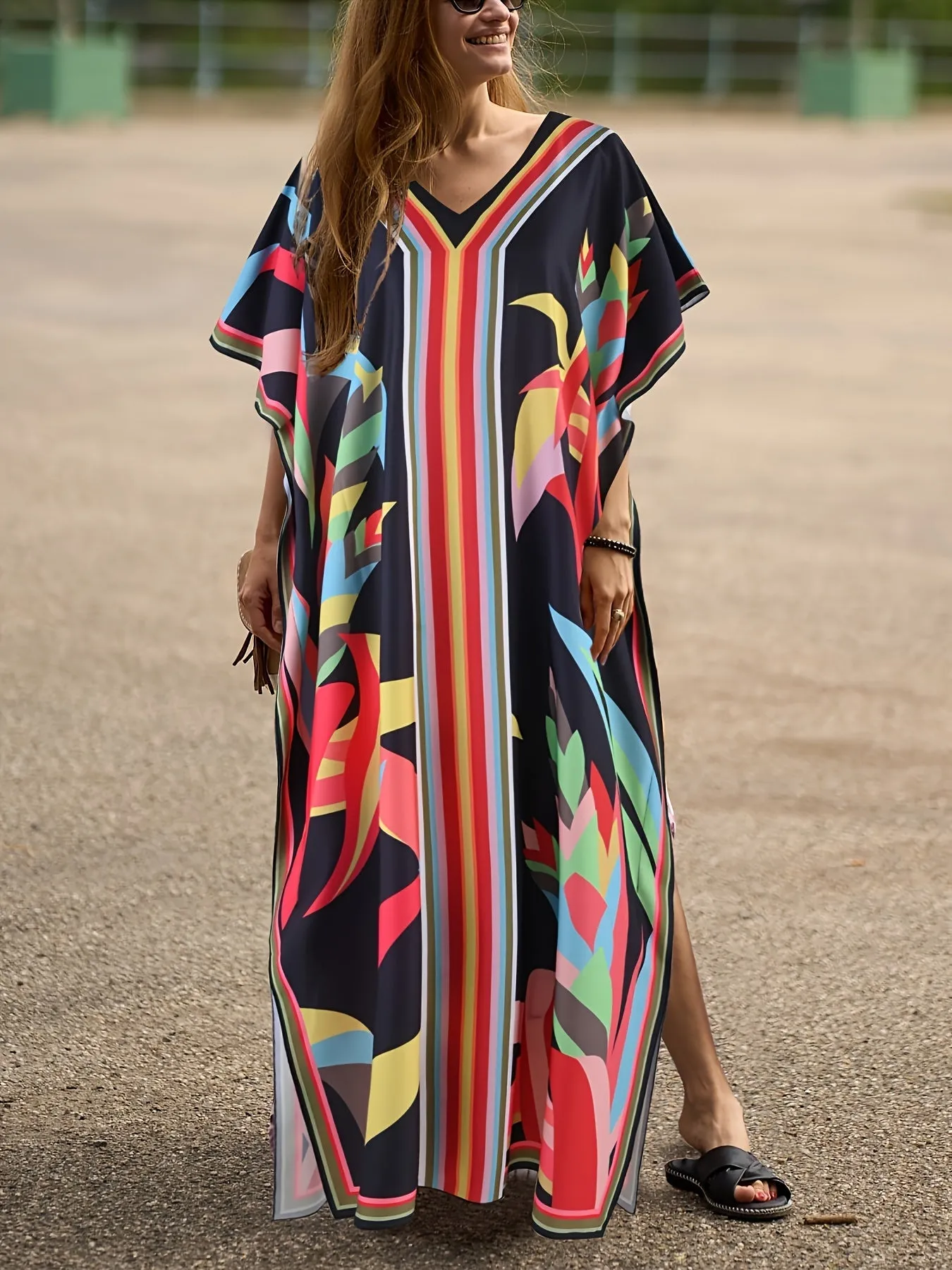 Stunning Allover Print V-Neck Kaftan Maxi Dress - Elegant Batwing Sleeve, Loose Fit, Flowy, Comfortable, Versatile, and Chic - Women's Clothing for Summer, Vacation, and Daily Wear