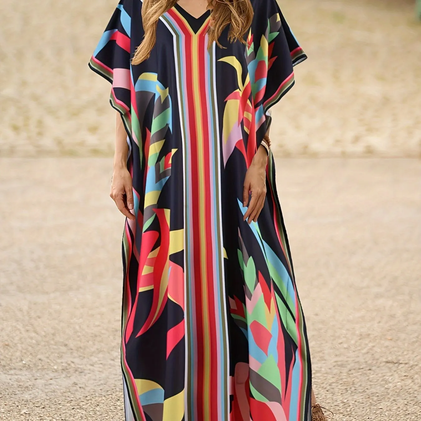 Stunning Allover Print V-Neck Kaftan Maxi Dress - Elegant Batwing Sleeve, Loose Fit, Flowy, Comfortable, Versatile, and Chic - Women's Clothing for Summer, Vacation, and Daily Wear