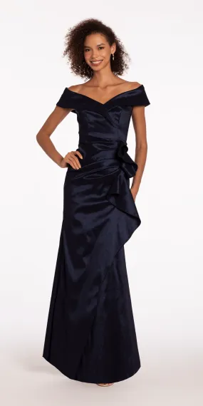 Taffeta Cuff Off the Shoulder Column Dress with Side Slit