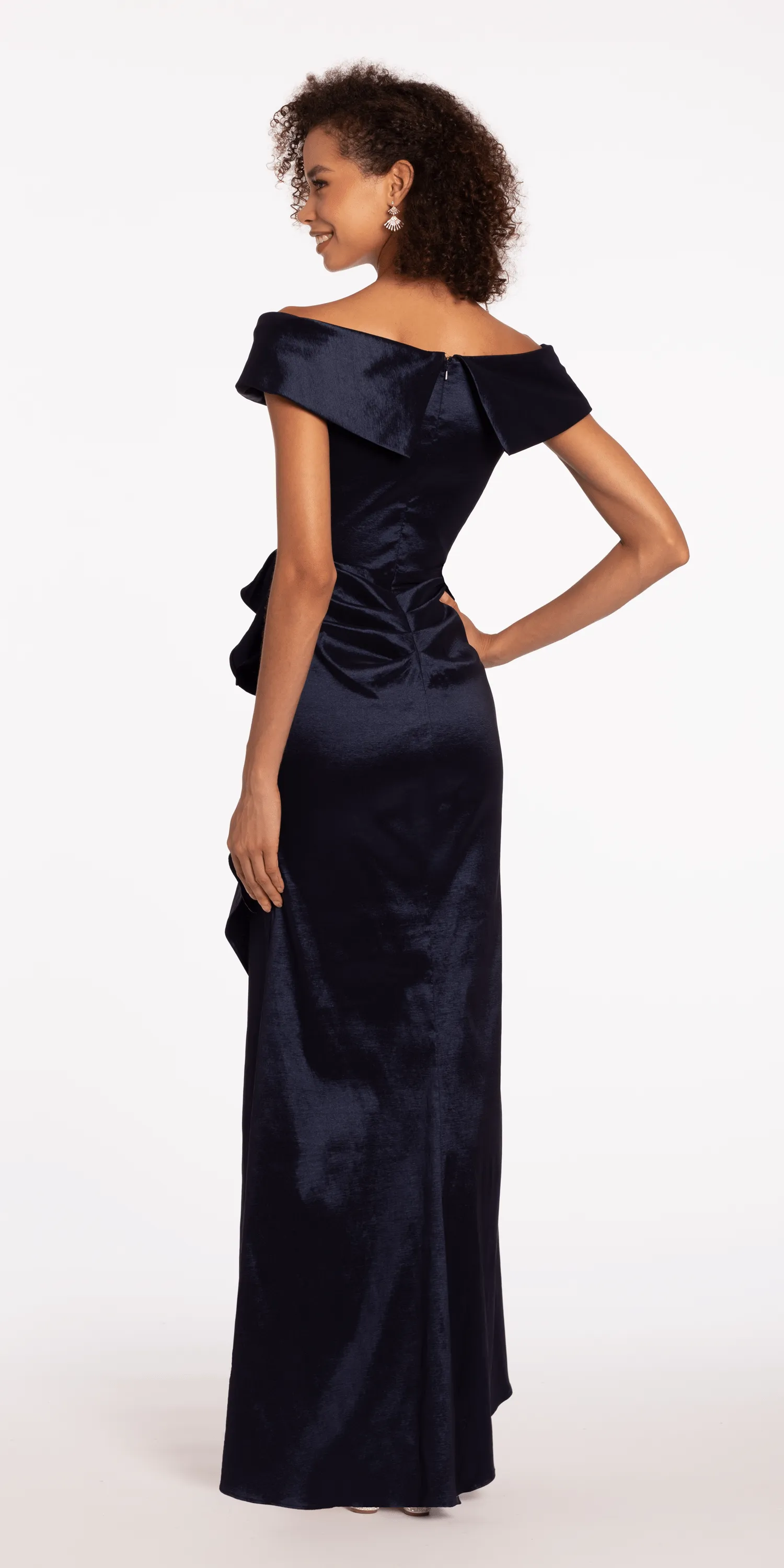 Taffeta Cuff Off the Shoulder Column Dress with Side Slit