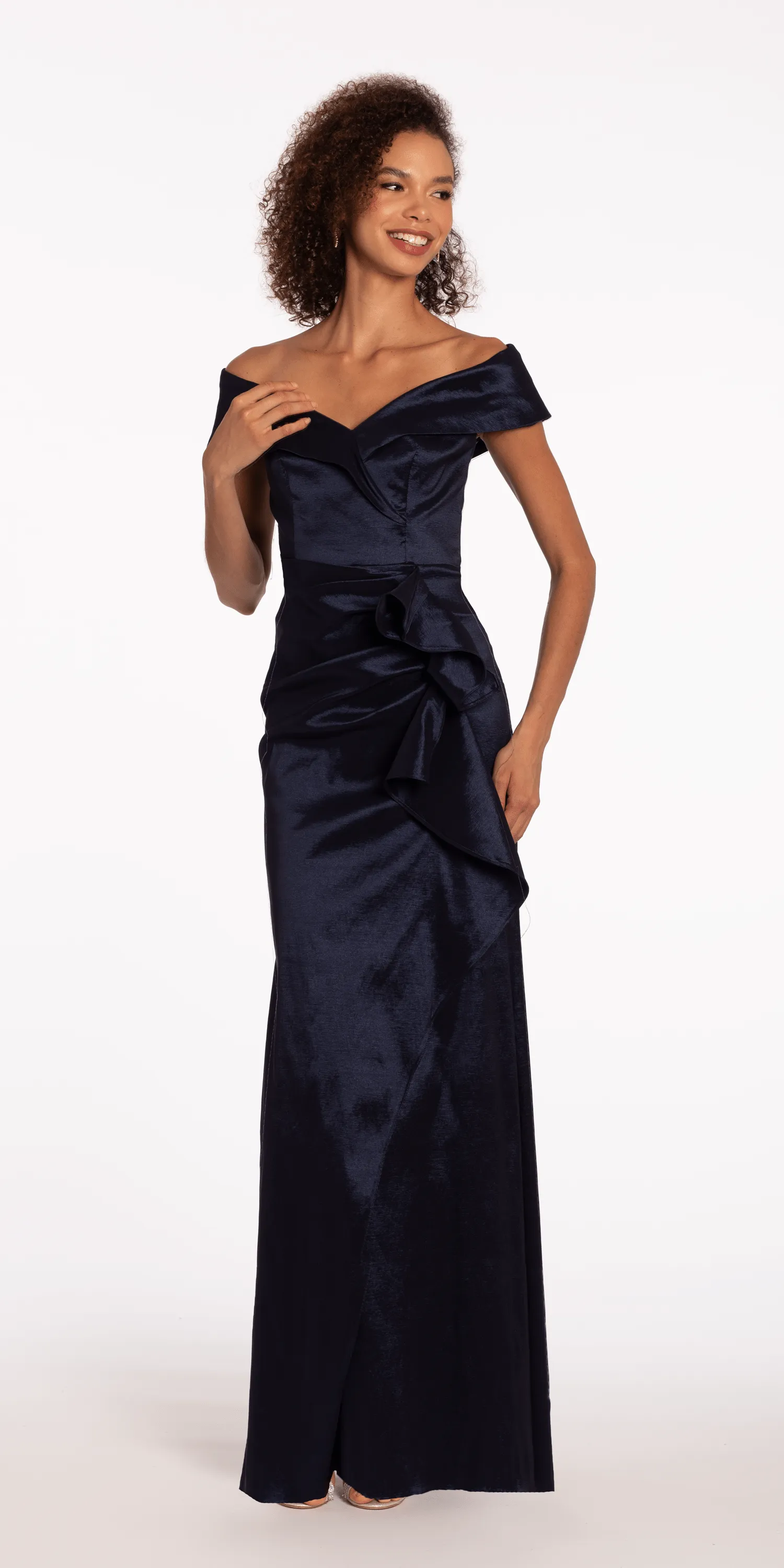 Taffeta Cuff Off the Shoulder Column Dress with Side Slit