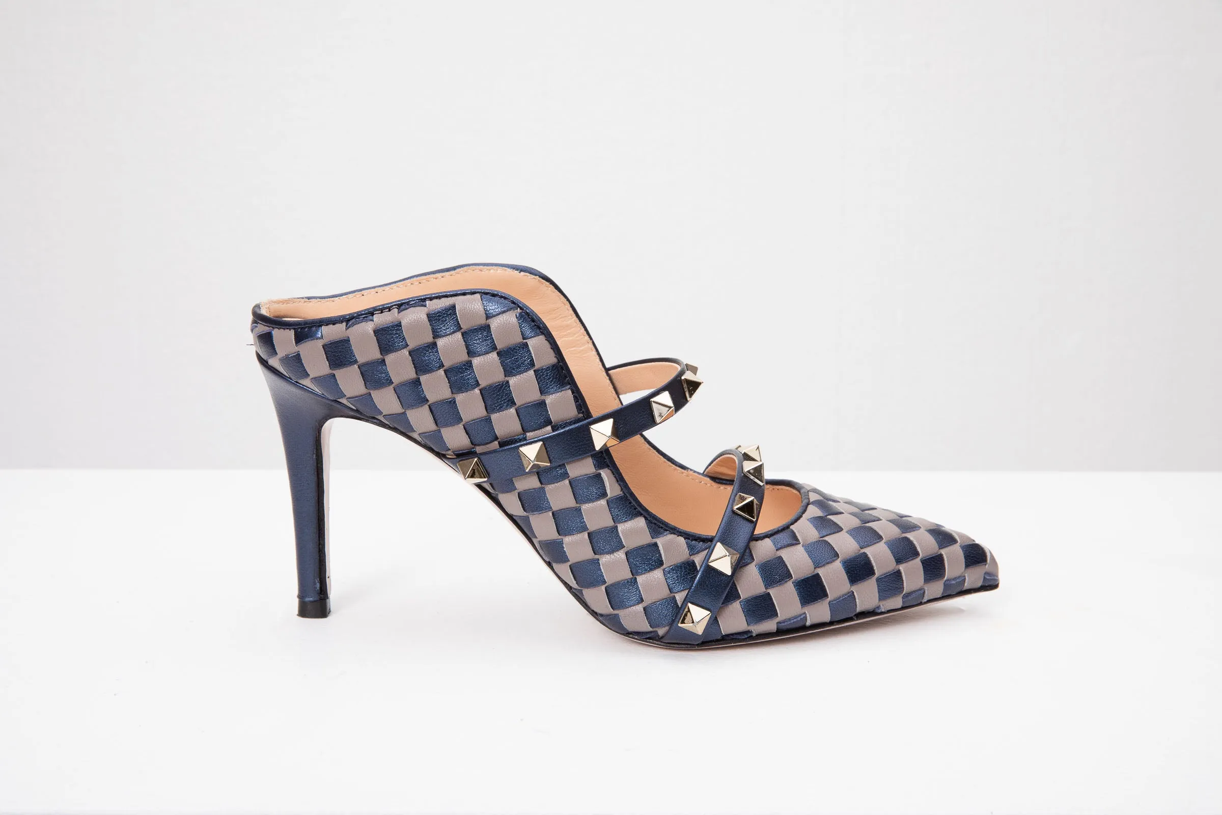 The Dosso Navy Blue Handwoven Pointy Toe Leather Women Sandal