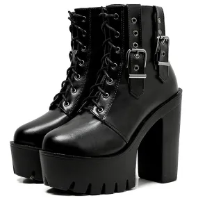 Thick High Heels Ankle Gothic Boots / Female Black Lace-up Short Boots with Buckle