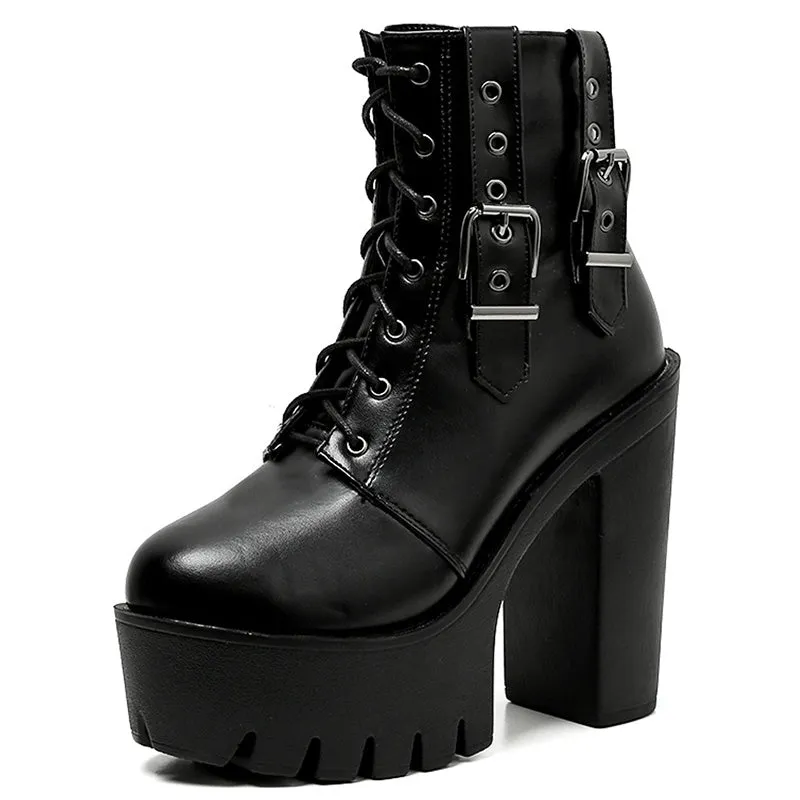 Thick High Heels Ankle Gothic Boots / Female Black Lace-up Short Boots with Buckle