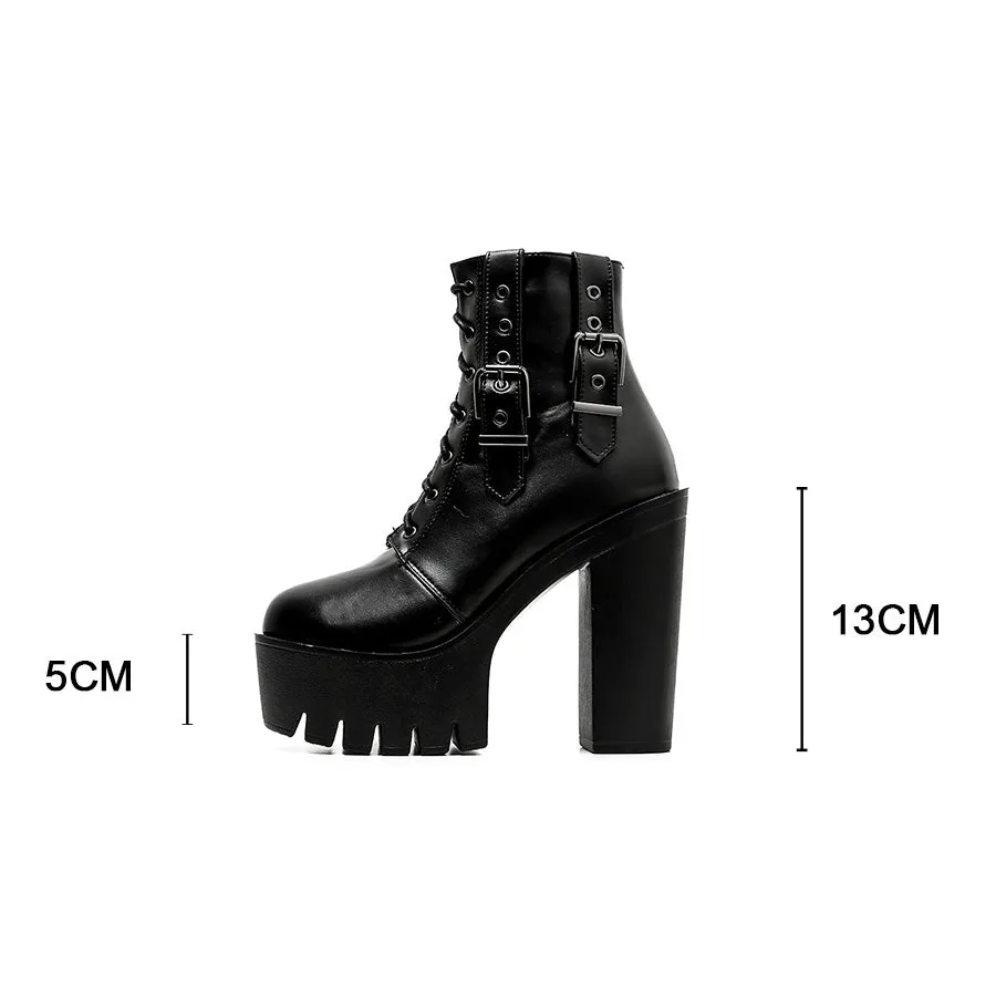 Thick High Heels Ankle Gothic Boots / Female Black Lace-up Short Boots with Buckle