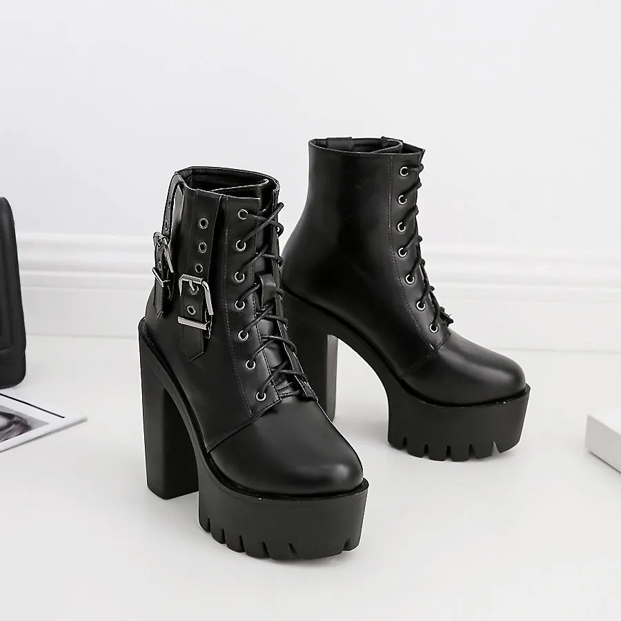 Thick High Heels Ankle Gothic Boots / Female Black Lace-up Short Boots with Buckle