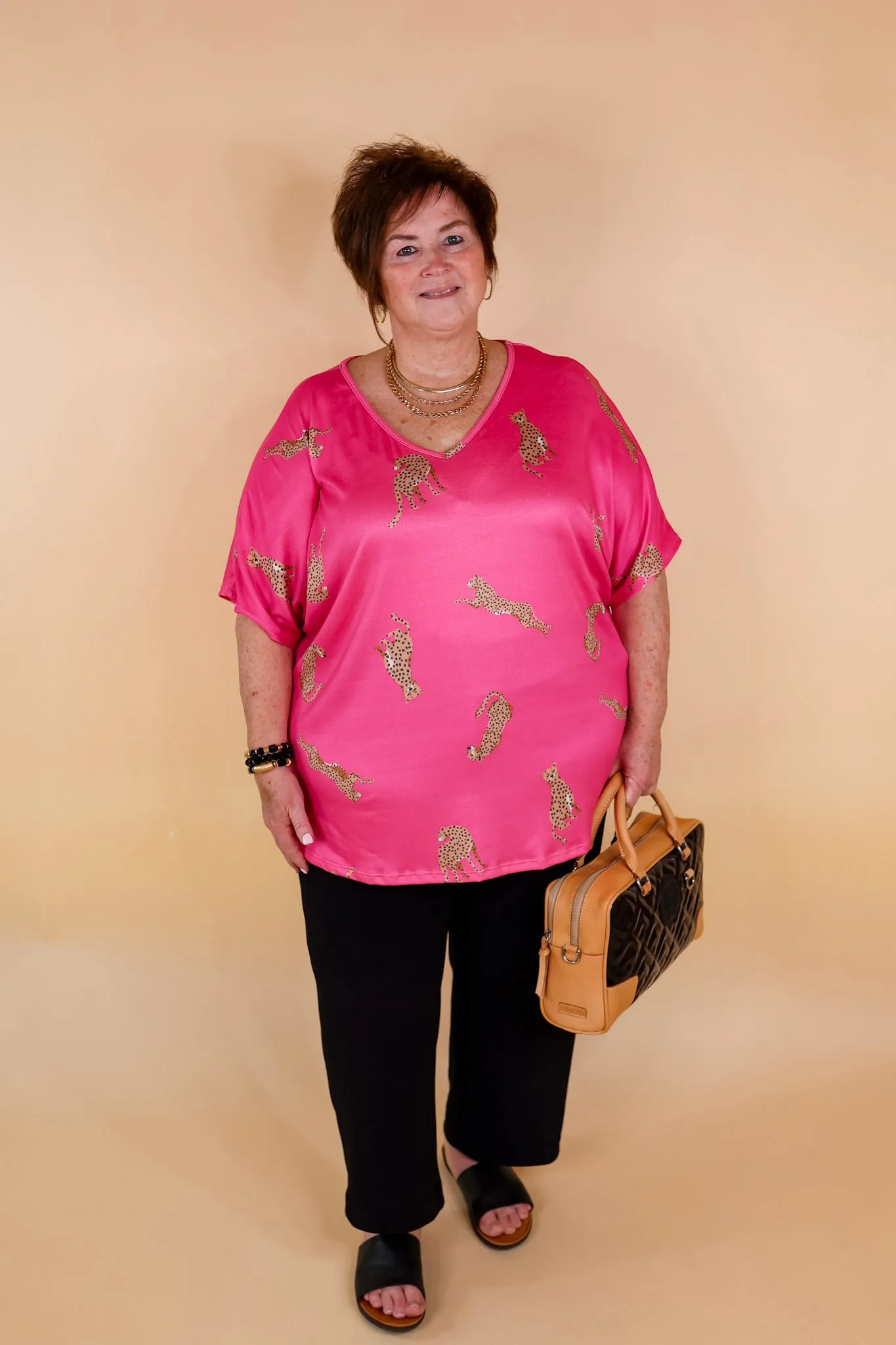 Wild Side Cheetah Print V Neck Top with Short Sleeves in Hot Pink