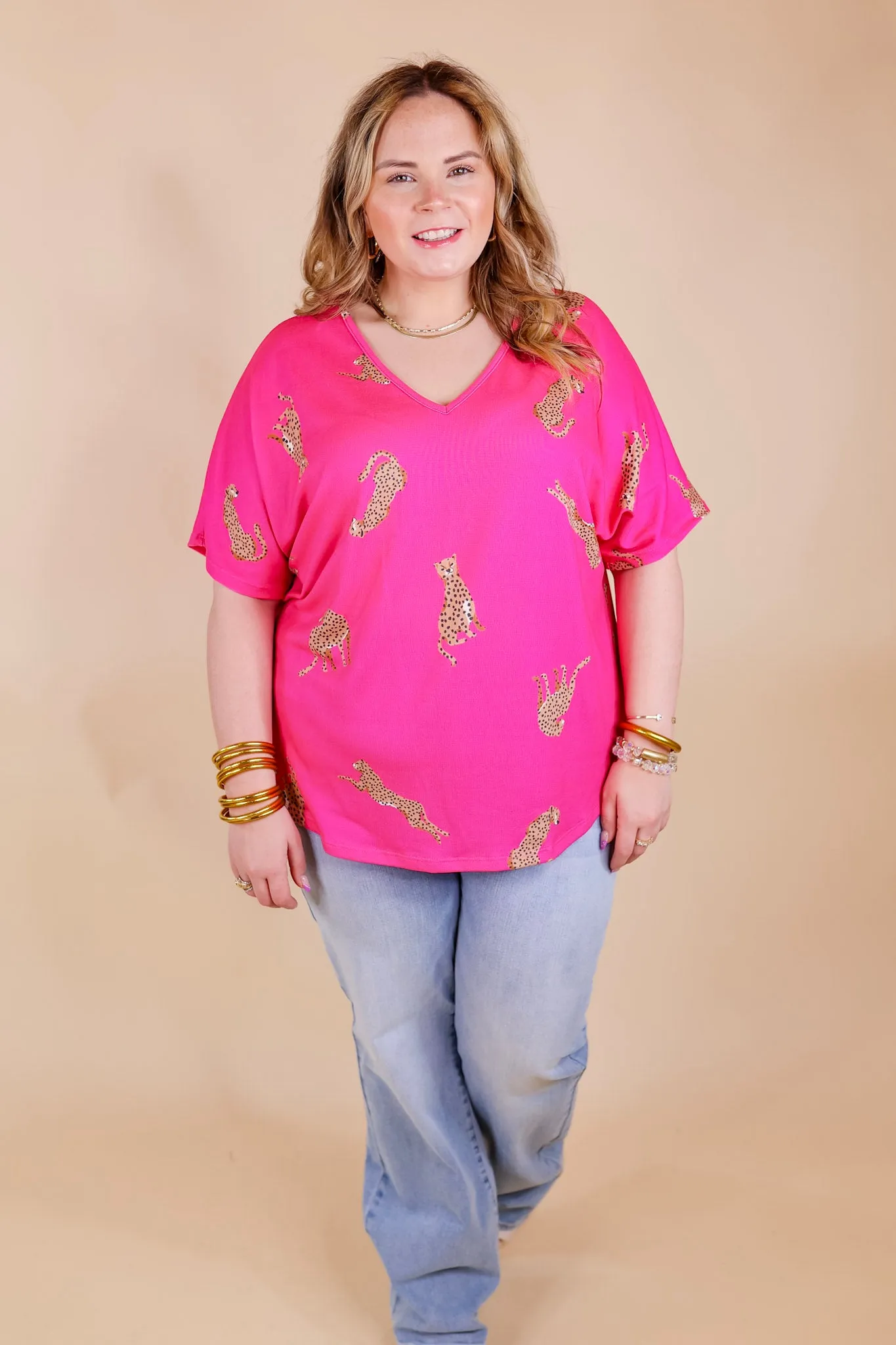 Wild Side Cheetah Print V Neck Top with Short Sleeves in Hot Pink