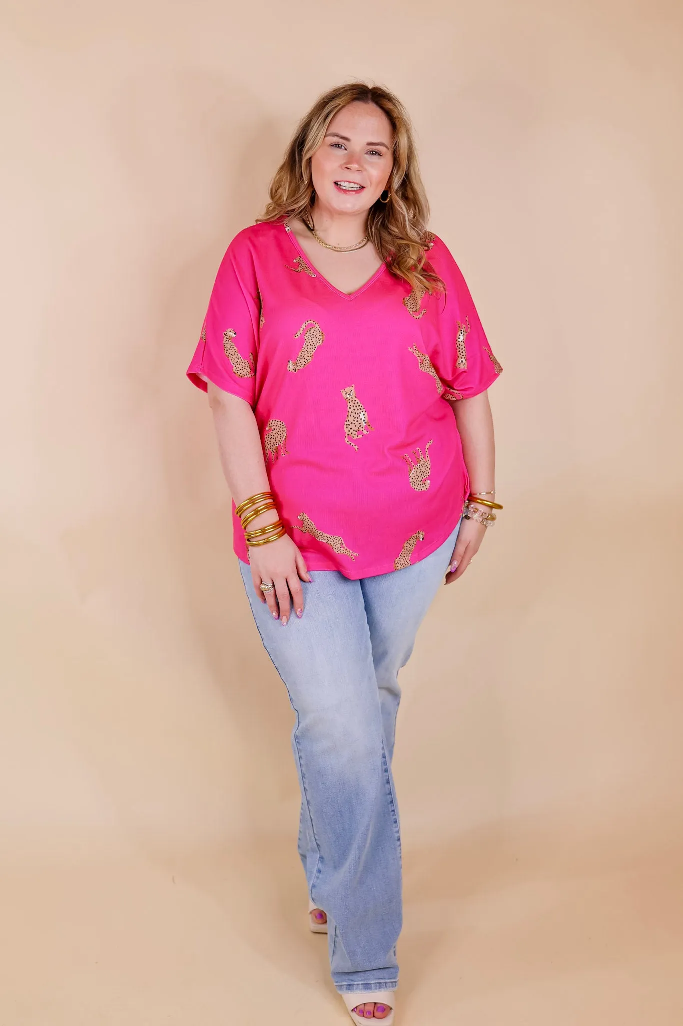 Wild Side Cheetah Print V Neck Top with Short Sleeves in Hot Pink