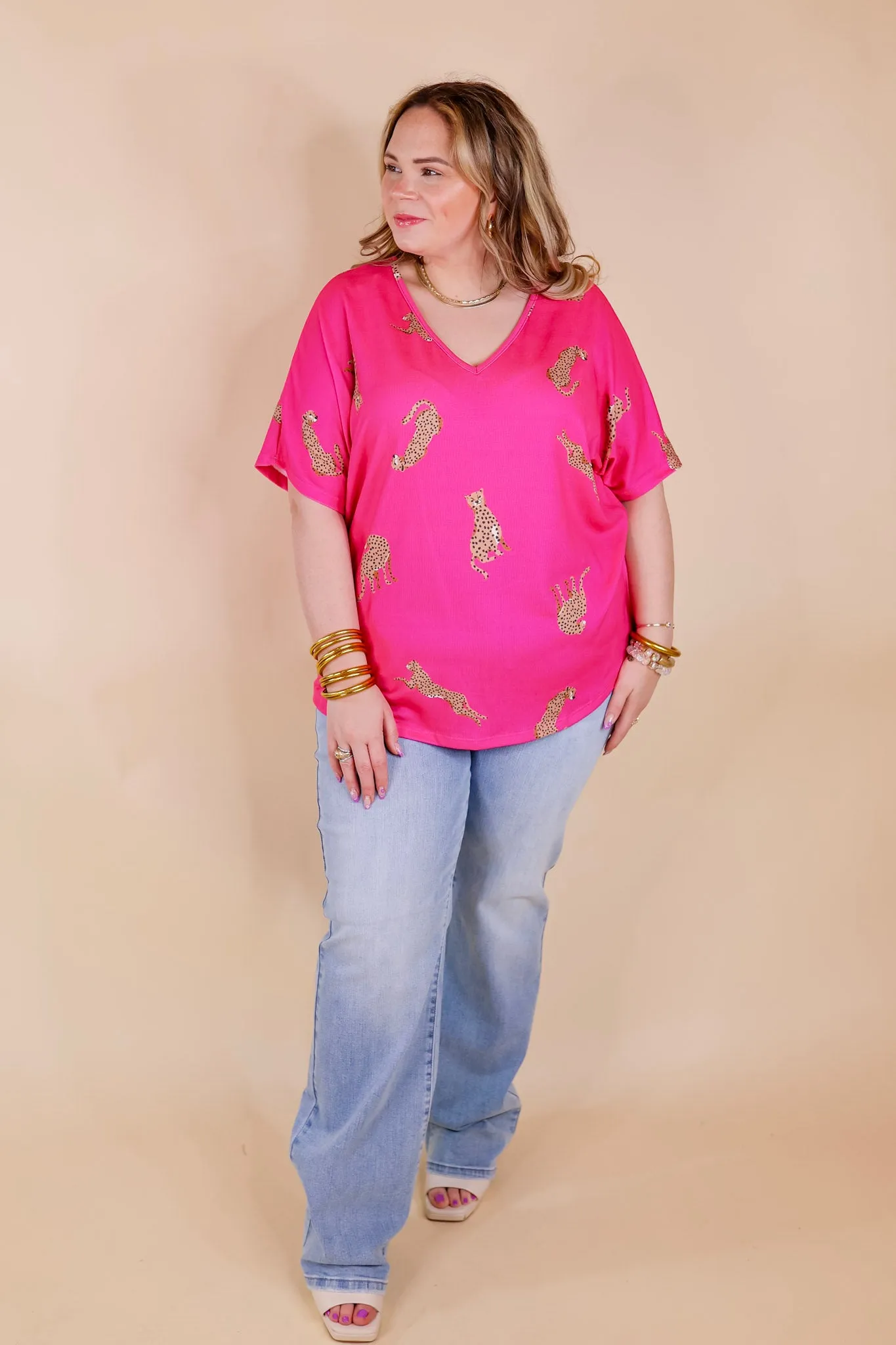 Wild Side Cheetah Print V Neck Top with Short Sleeves in Hot Pink