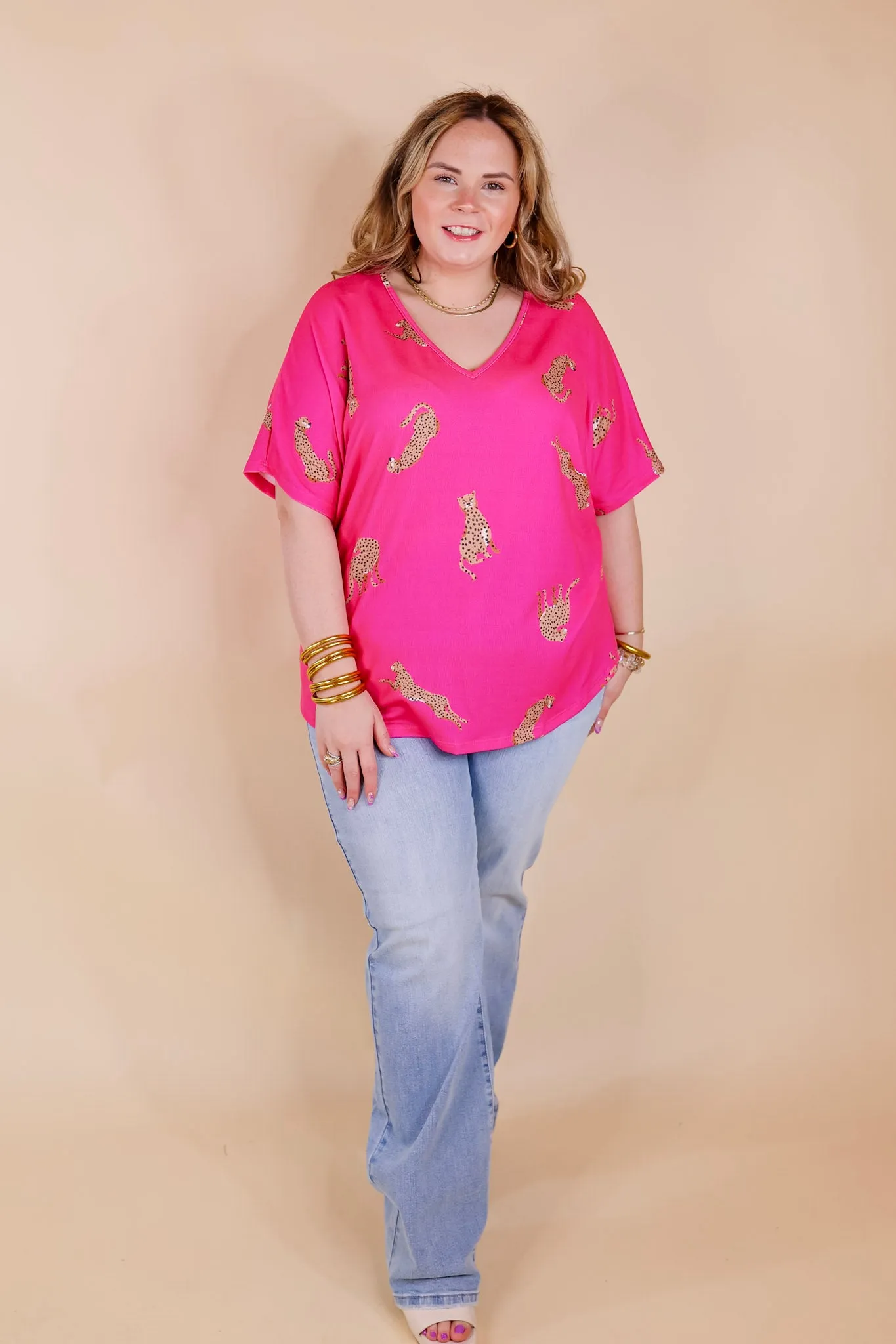 Wild Side Cheetah Print V Neck Top with Short Sleeves in Hot Pink