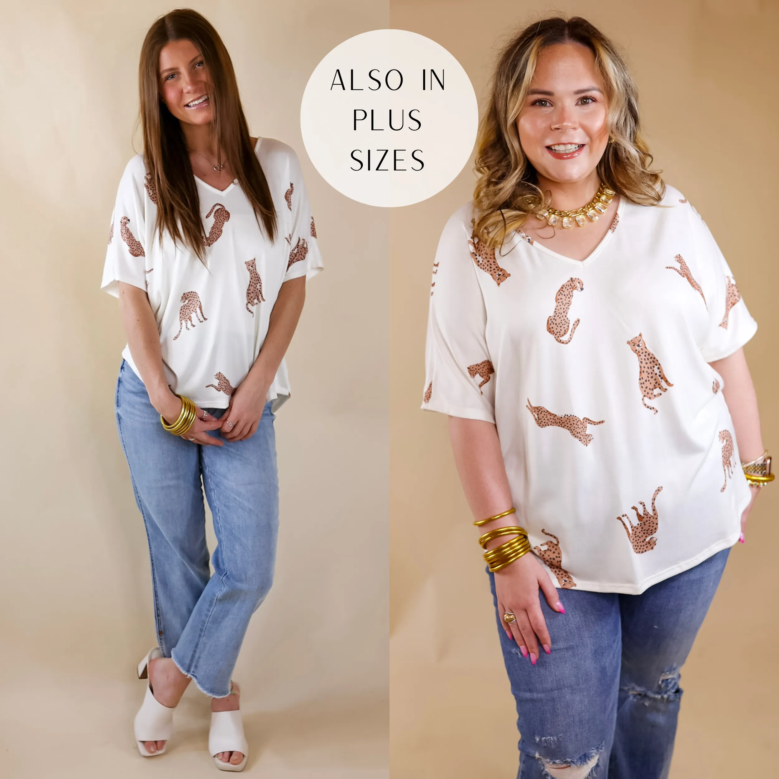 Wild Side Cheetah Print V Neck Top with Short Sleeves in Ivory