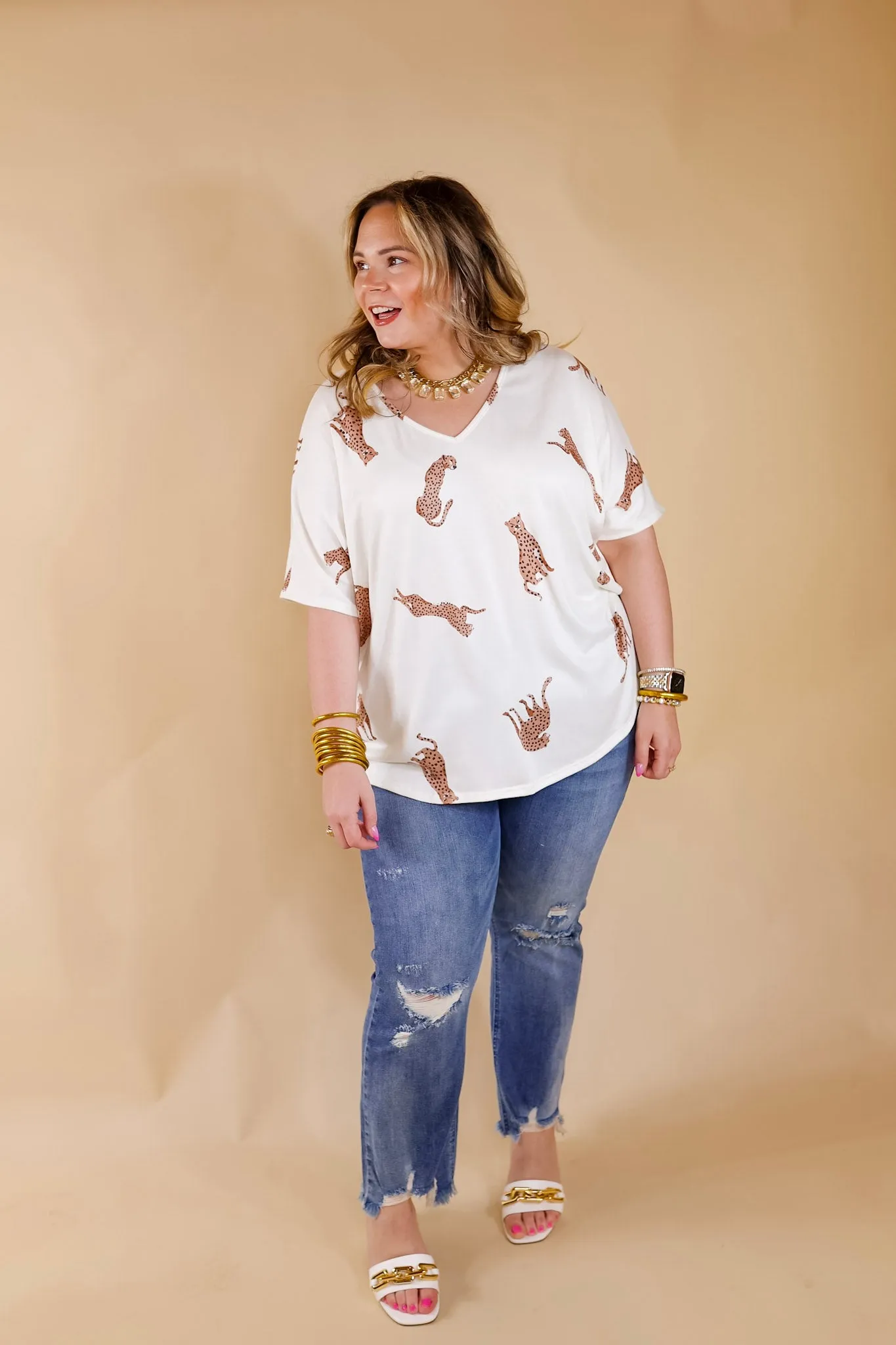 Wild Side Cheetah Print V Neck Top with Short Sleeves in Ivory