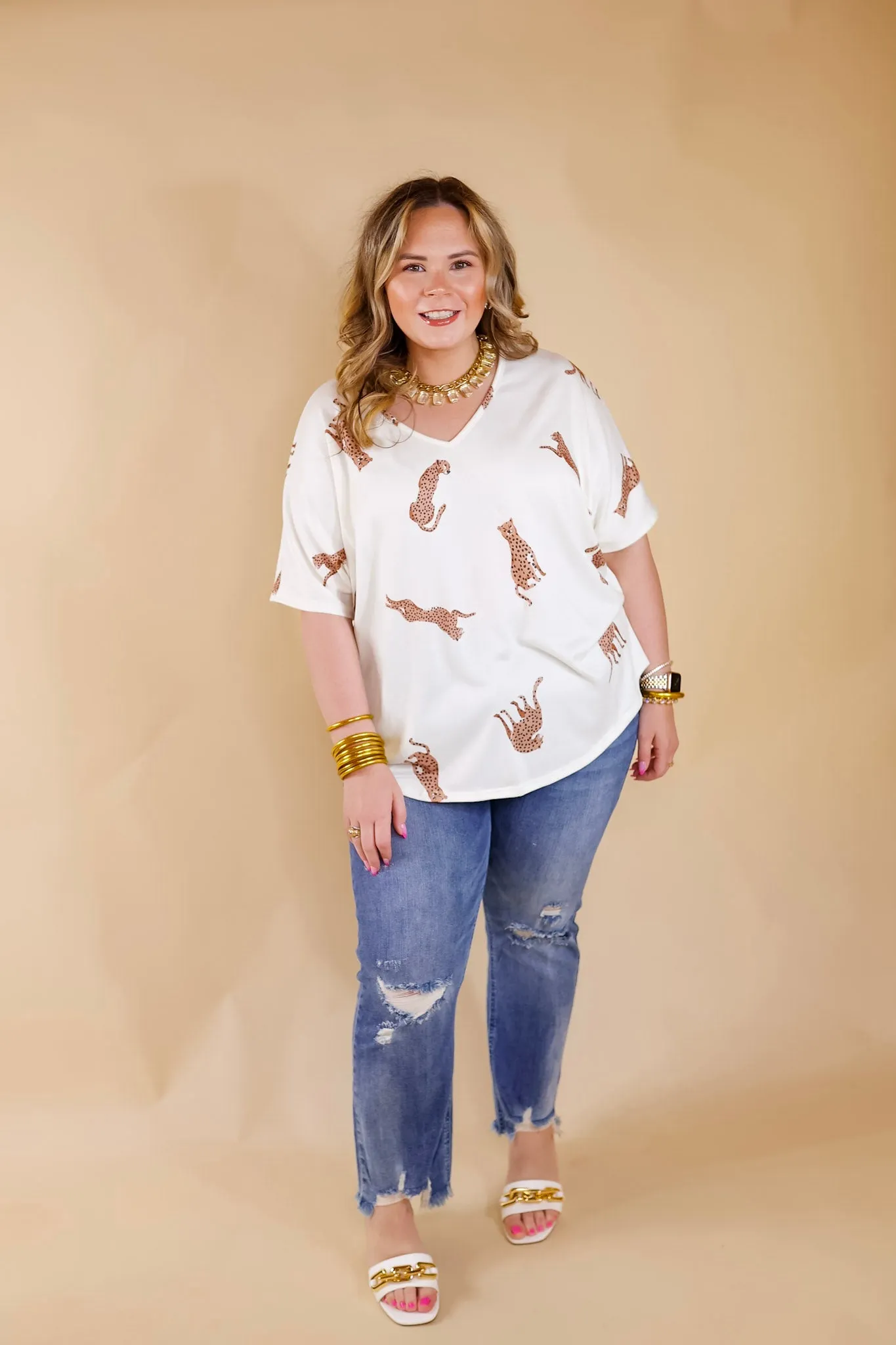 Wild Side Cheetah Print V Neck Top with Short Sleeves in Ivory