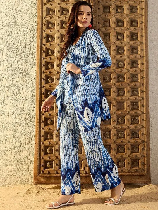 Women Blue Tie & Dyed Printed Square Neck Top & Trouser With Shrug Co-ord Set